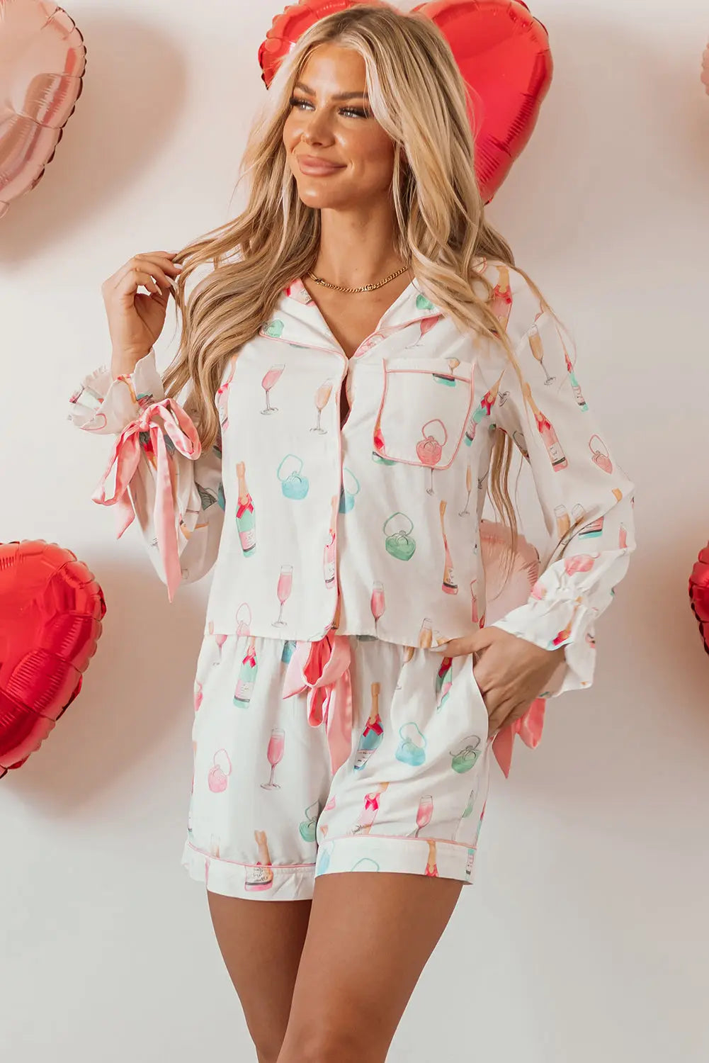 White Christmas Wine Glass Print Bow Knot Two Piece Pajama Set Dear-Lover Dropshipping