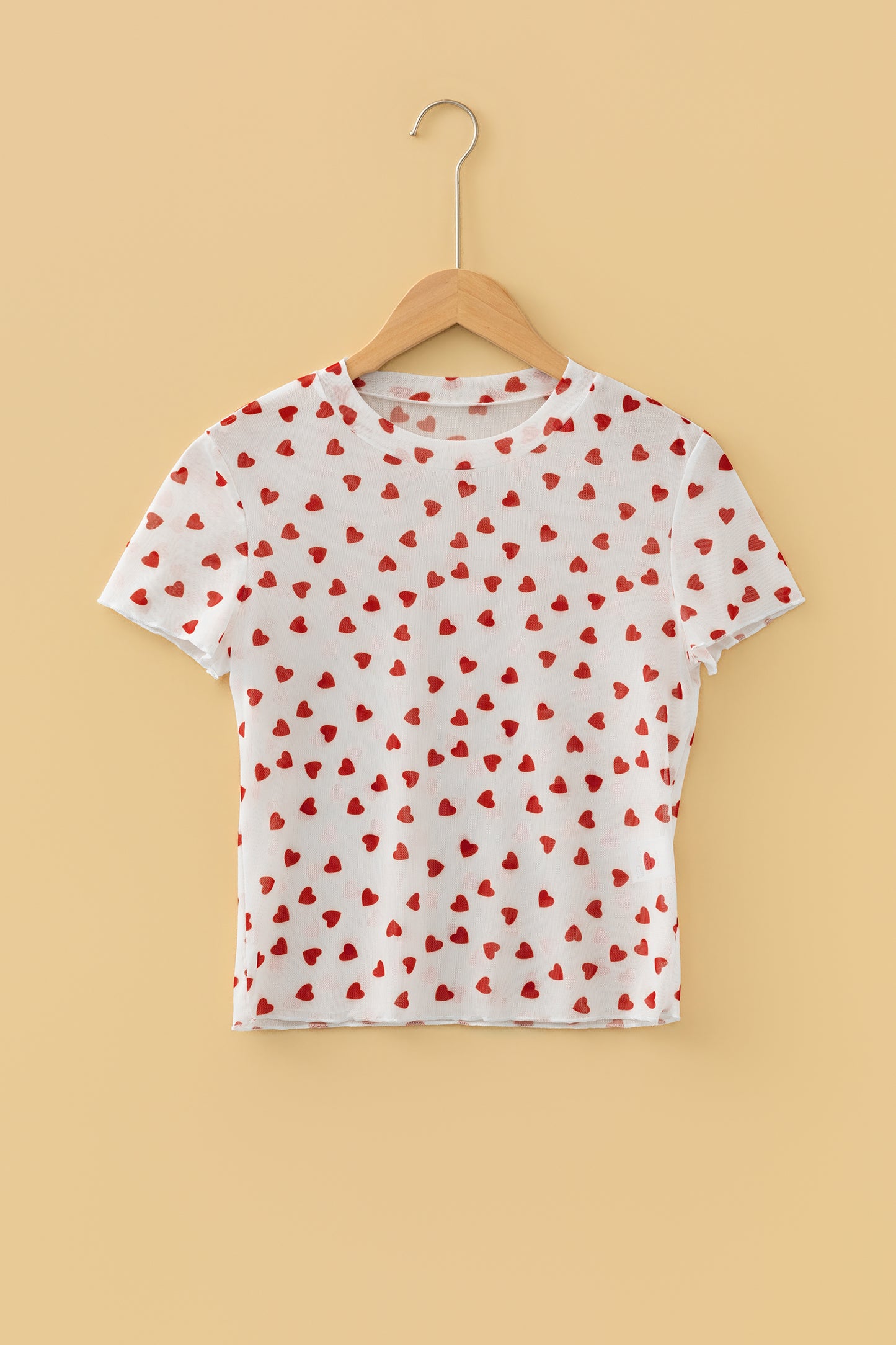 Red Allover Heart Print Mesh Short Sleeve Top