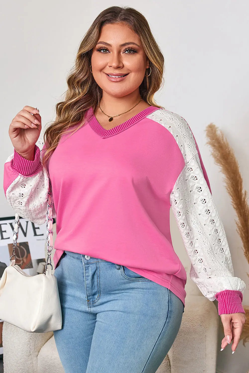 Bonbon Lace Striped Patchwork Long Sleeve Corded V Neck Plus Size Top Dear-Lover Dropshipping