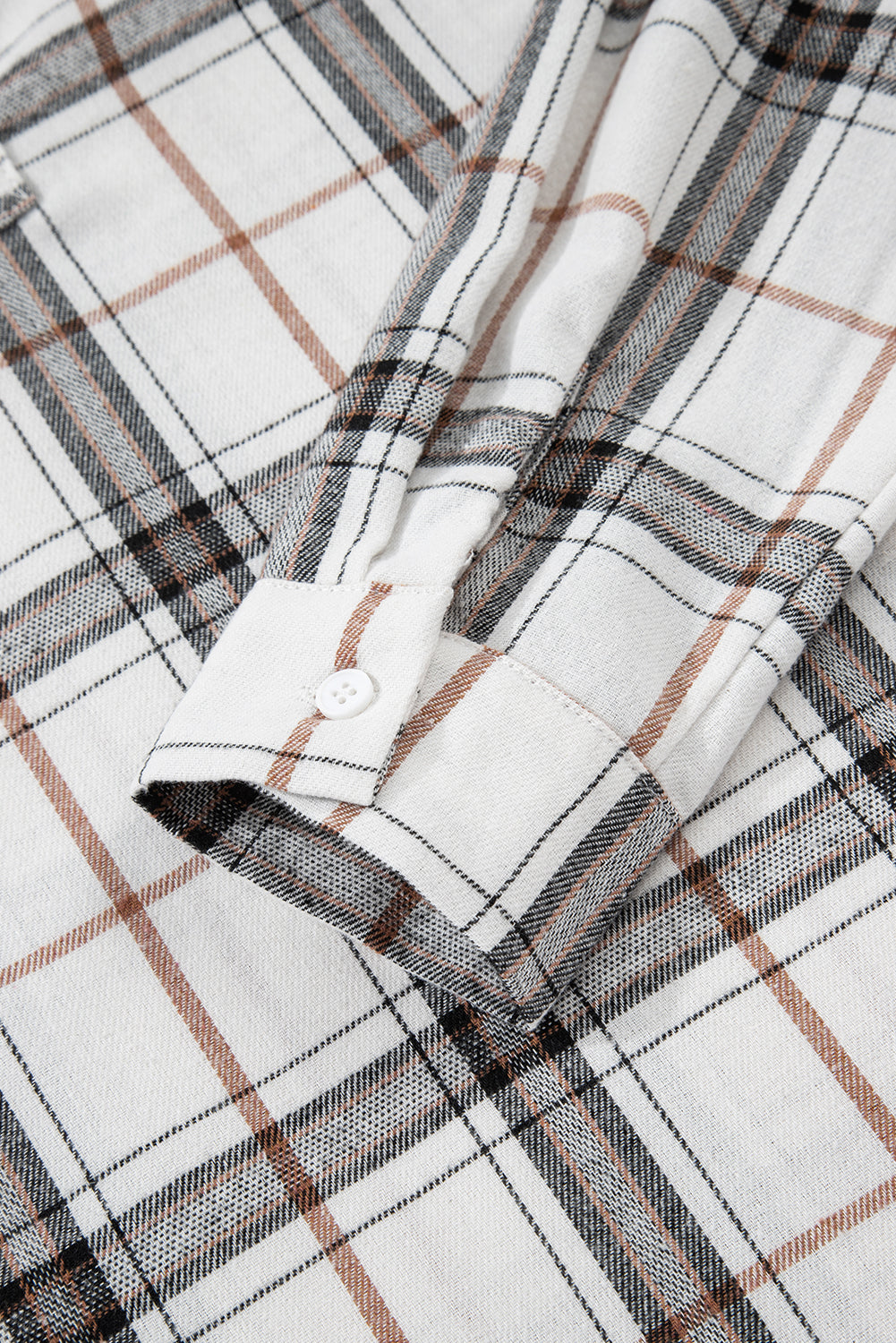 White Plaid Print Collared V Neck Loose Blouse with Side Slits