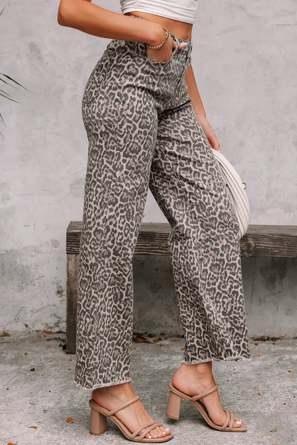 Brown Leopard Frayed Edge Wide Leg High Waist Jeans Dear-Lover Dropshipping