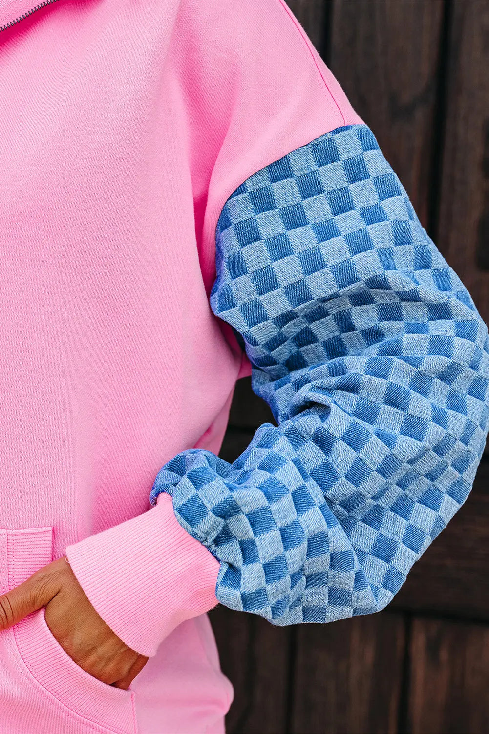 Bonbon Checkered Patchwork Kangaroo Pocket Half Zipper Hoodie Dear-Lover Dropshipping