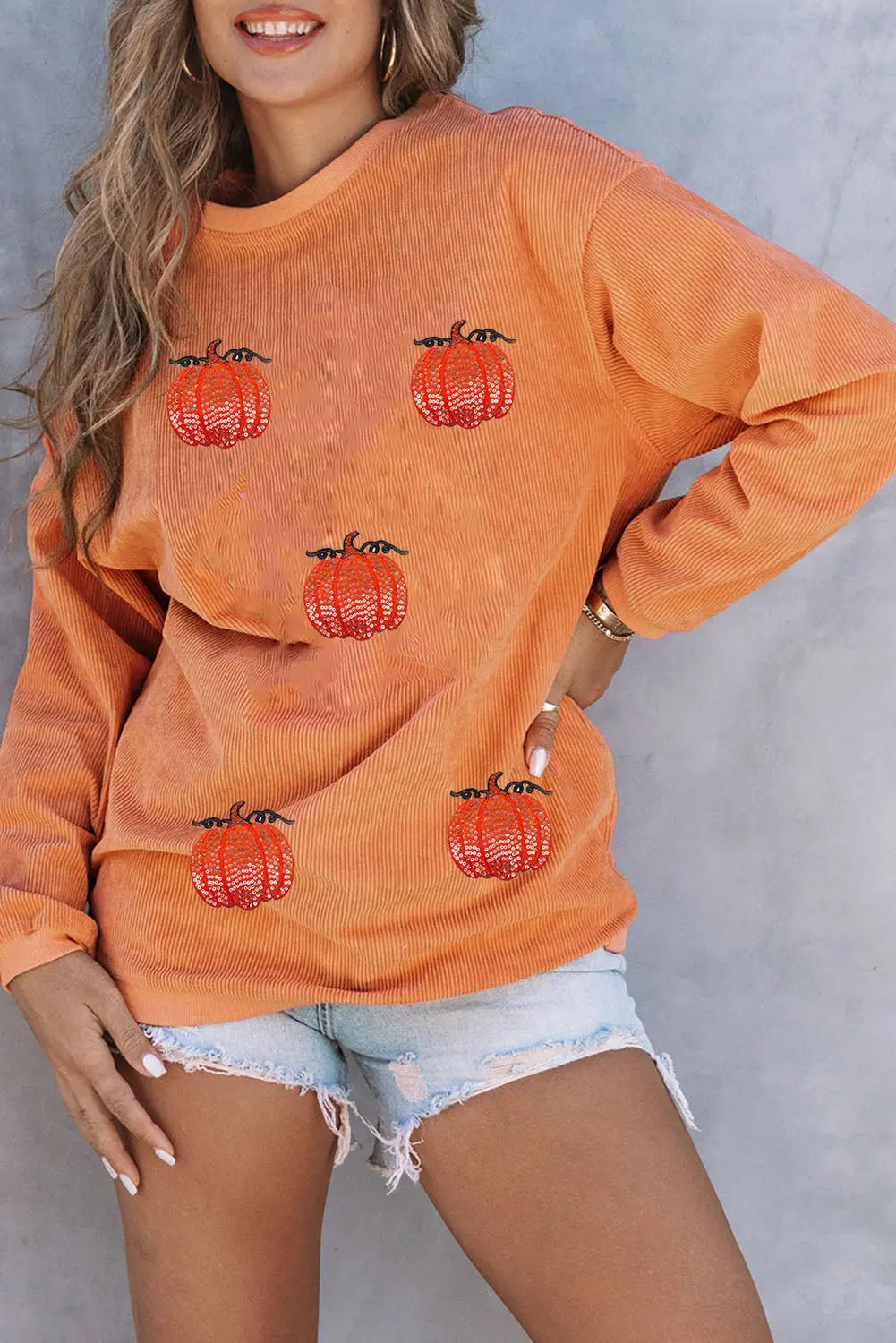 Orange Sequin Pumpkin Patched Twisted Rib Baggy Sweatshirt Dear-Lover Dropshipping