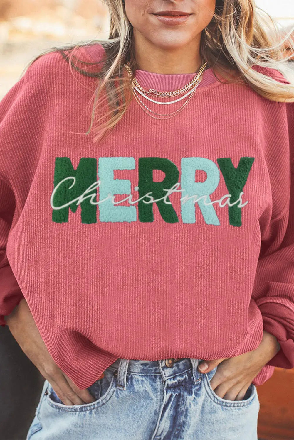 Strawberry Pink MERRY Christmas Chenille Embroidered Corded Sweatshirt Dear-Lover Dropshipping