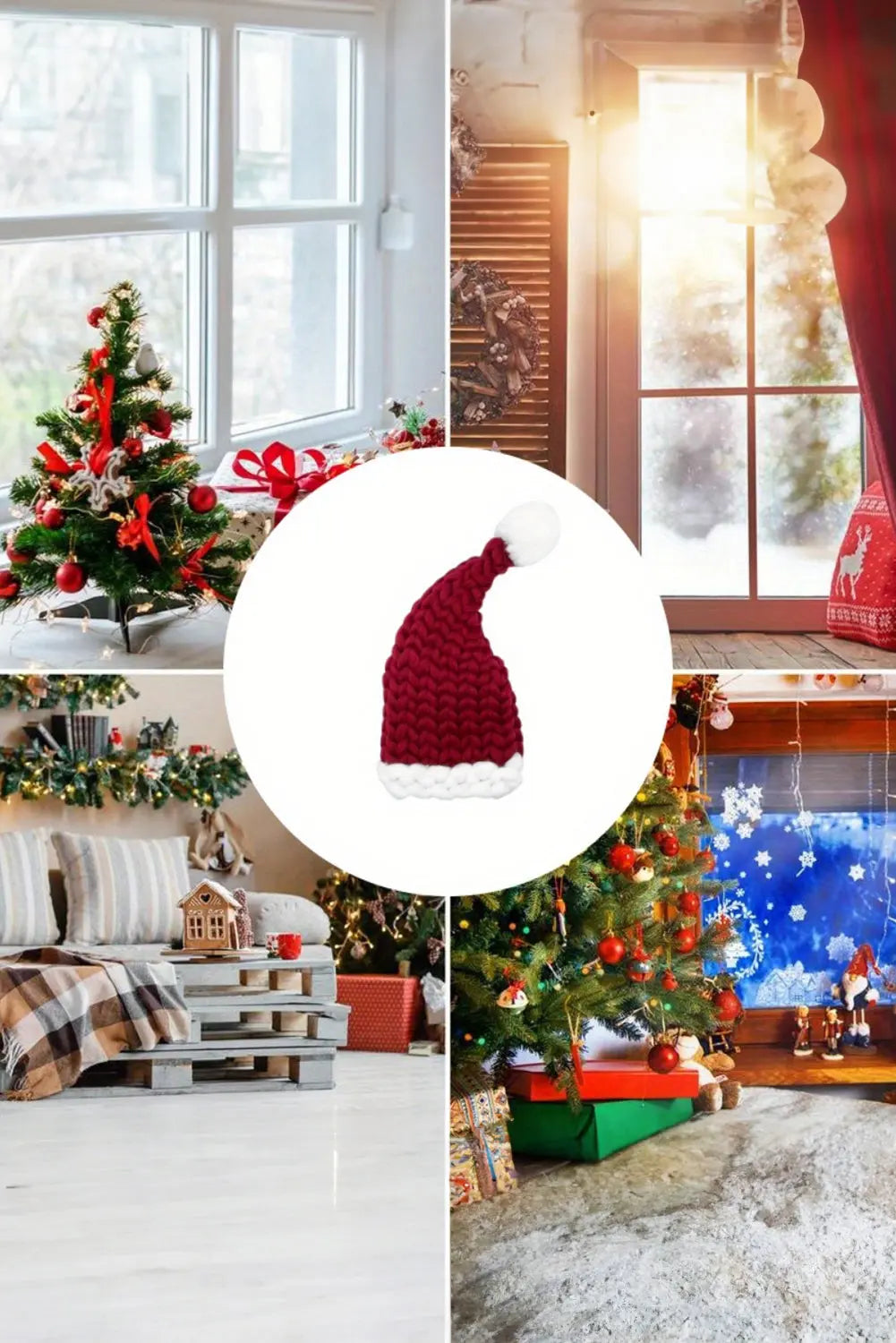 Red Dahlia Color Block Pom Pom Decor Chunky Knitted Christmas Hat Dear-Lover Dropshipping