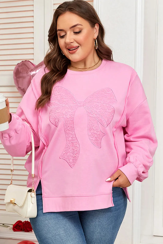 Pink Big Bow Lace Embroidered Dolman Sleeve Slit Plus Size Sweatshirt Dear-Lover Dropshipping