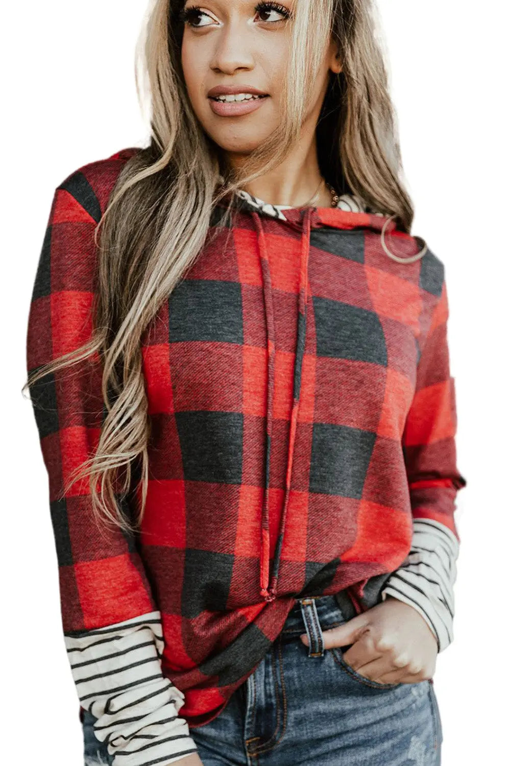 Fiery Red Christmas Plaid Striped Patchwork Drawstring Hoodie Dear-Lover Dropshipping