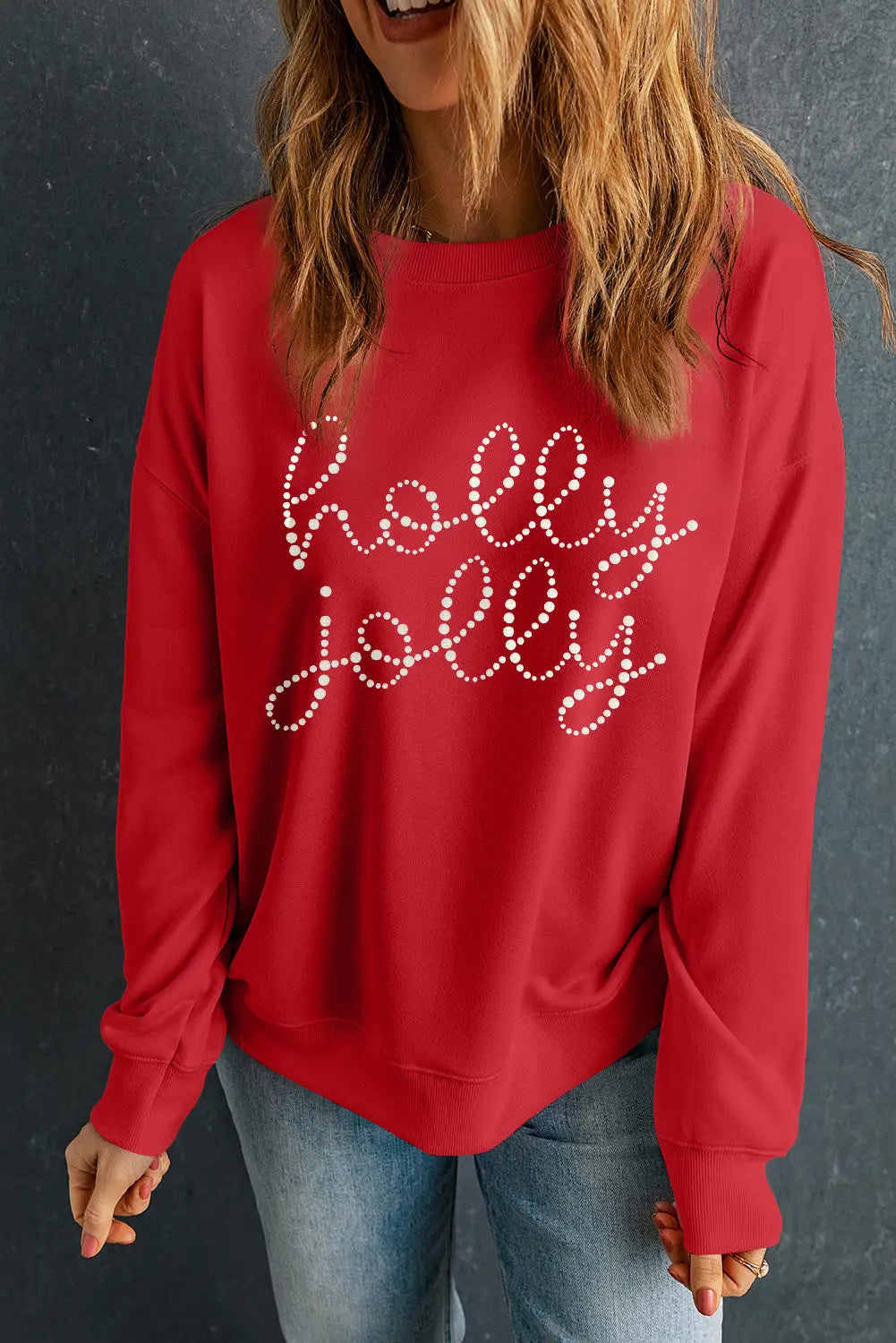 Red Christmas holly jolly Ceramic Rhinestone Letter Graphic Sweatshirt Dear-Lover Dropshipping