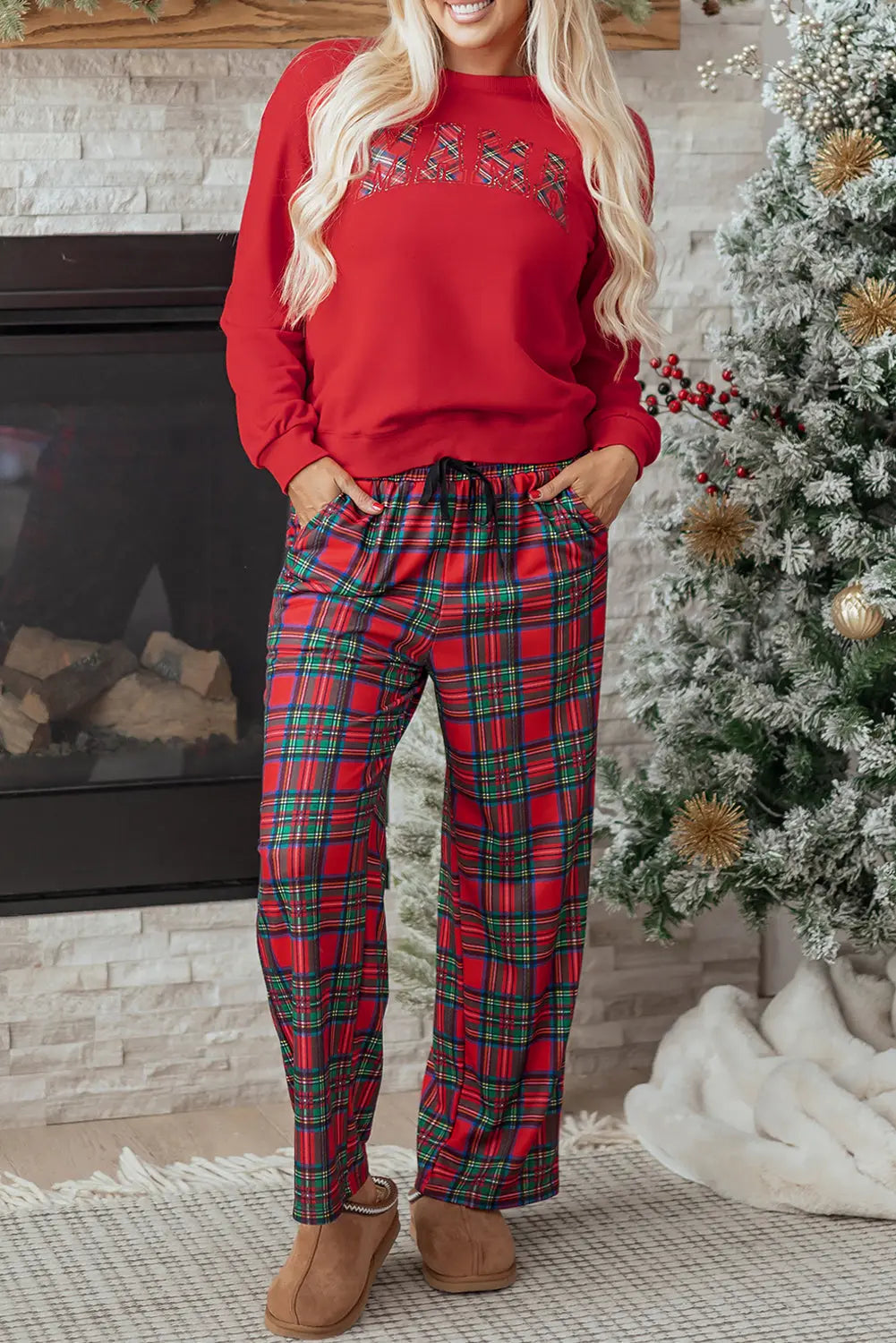 Red Plaid Mama Graphic Christmas Holiday Crewneck Pullover and Pants Two Piece Lounge Set Dear-Lover Dropshipping