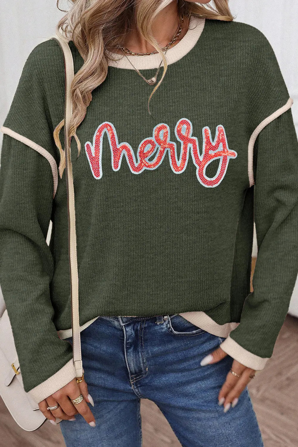 Four Leaf Clover Merry Patched Graphic Contrast Trim Christmas Knitted Long Sleeve Top Dear-Lover Dropshipping