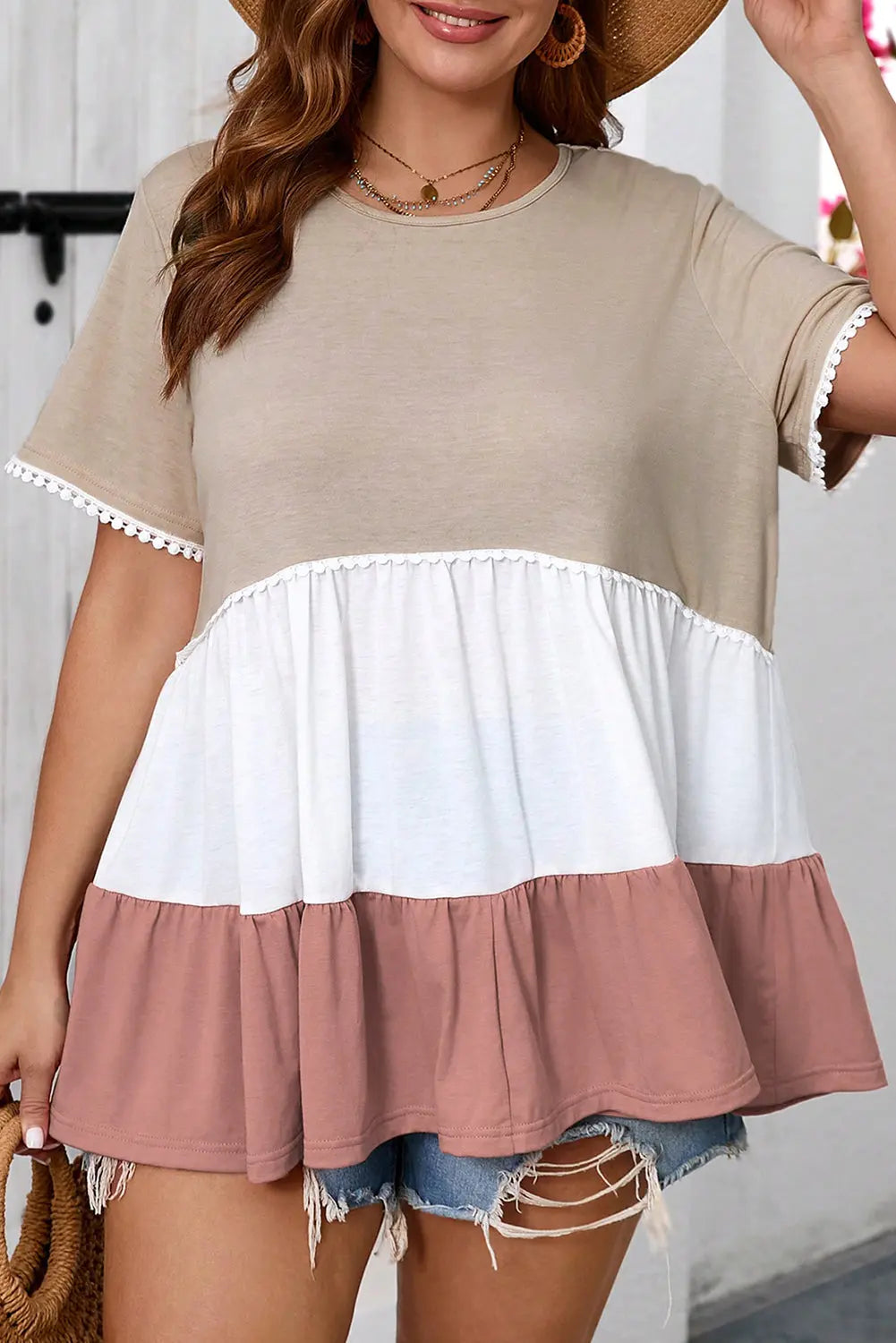 Beige Plus Size Color Block Lace Trim Ruffled Blouse Dear-Lover Dropshipping