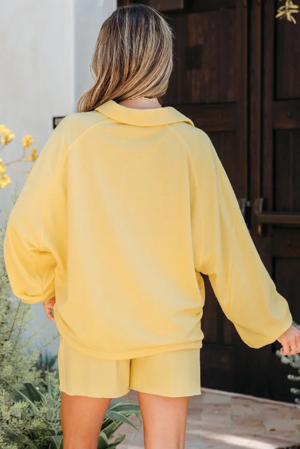 Yellow Cream Button Collar Drop Shoulder Pullover and Shorts 2pcs Outfit Dear-Lover Dropshipping