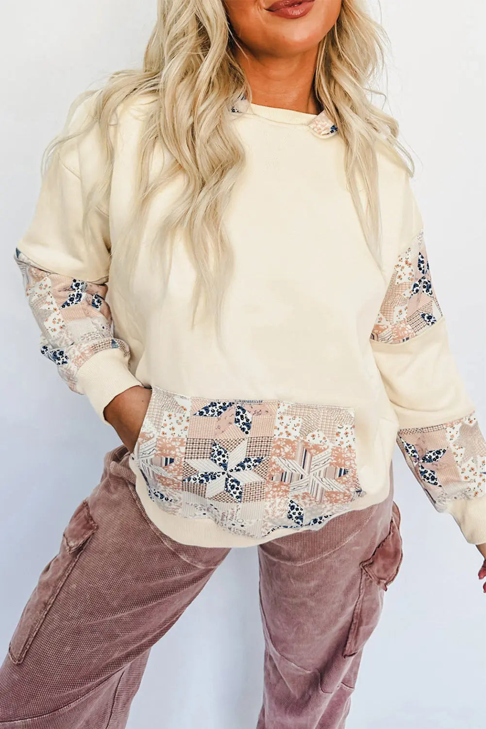 Beige Western Geo Pattern Patchwork Hoodie with Kangaroo Pocket Dear-Lover Dropshipping