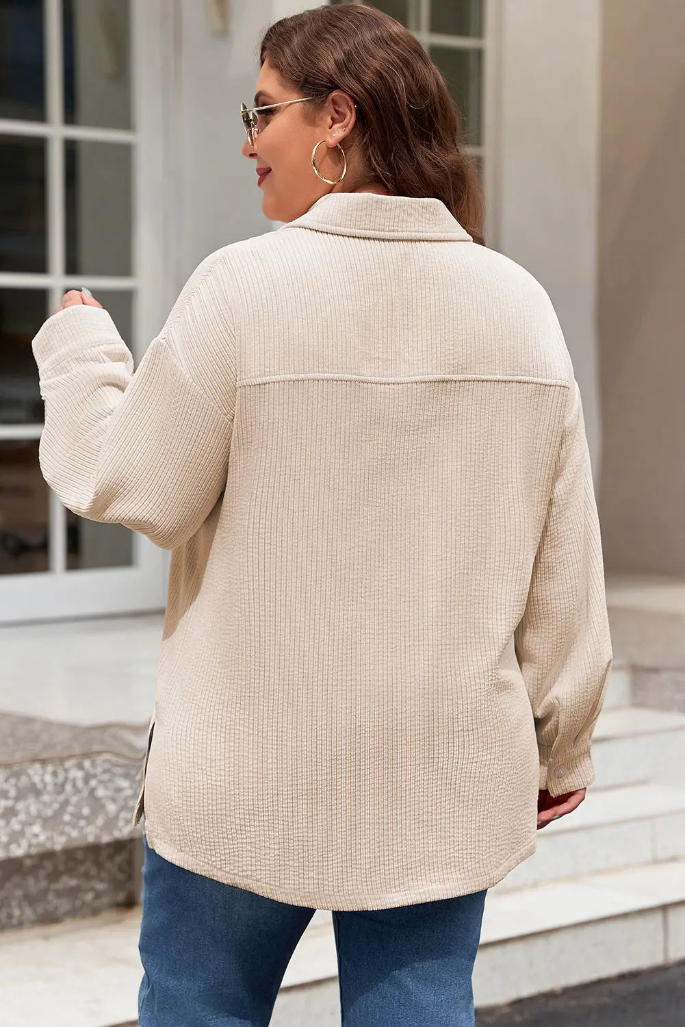 Oatmeal Textured Flap Pockets Buttoned Plus Size Shacket Dear-Lover Dropshipping