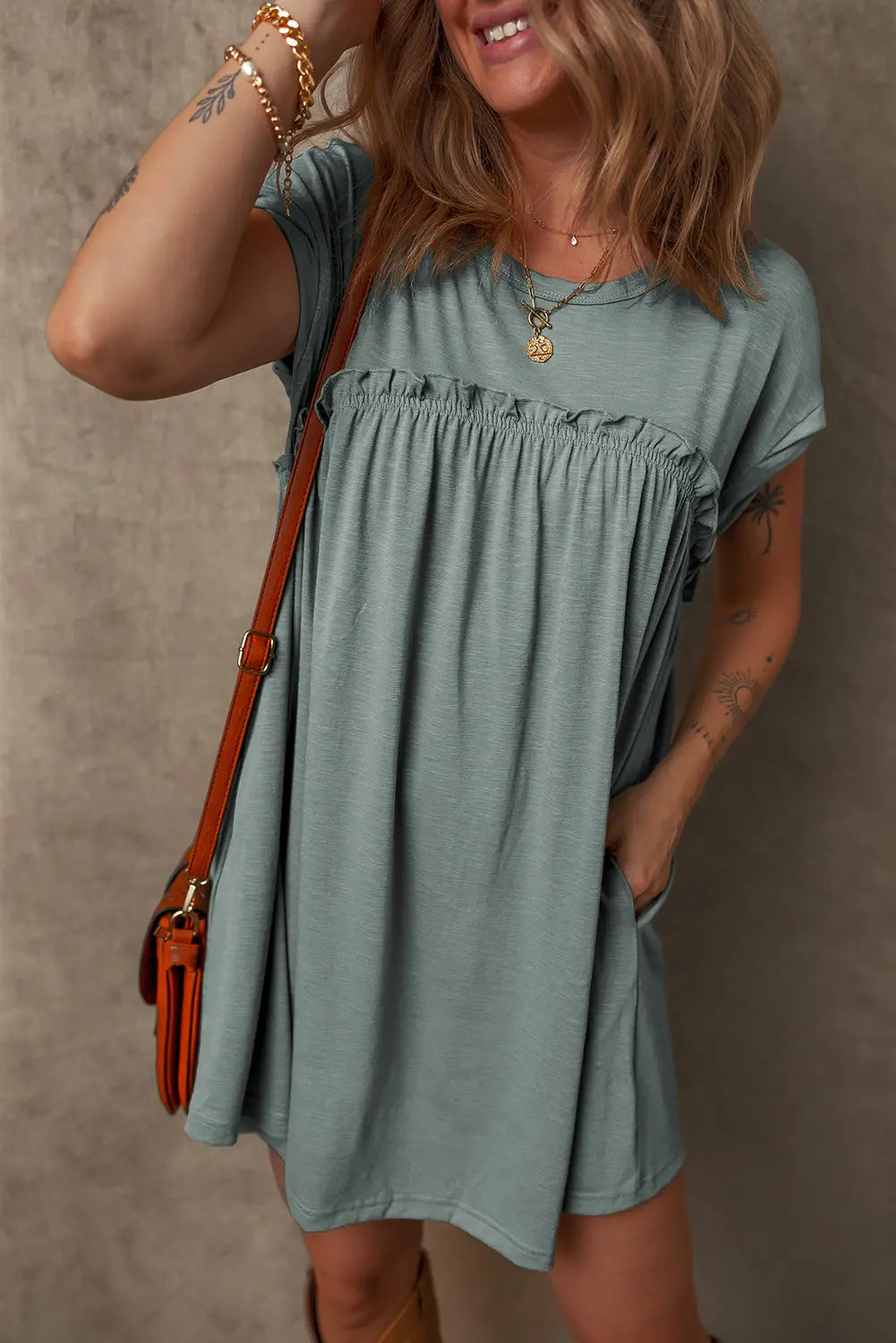 Mist Green Frilled Gathered Seam Round Neck T Shirt Dress Dear-Lover Dropshipping