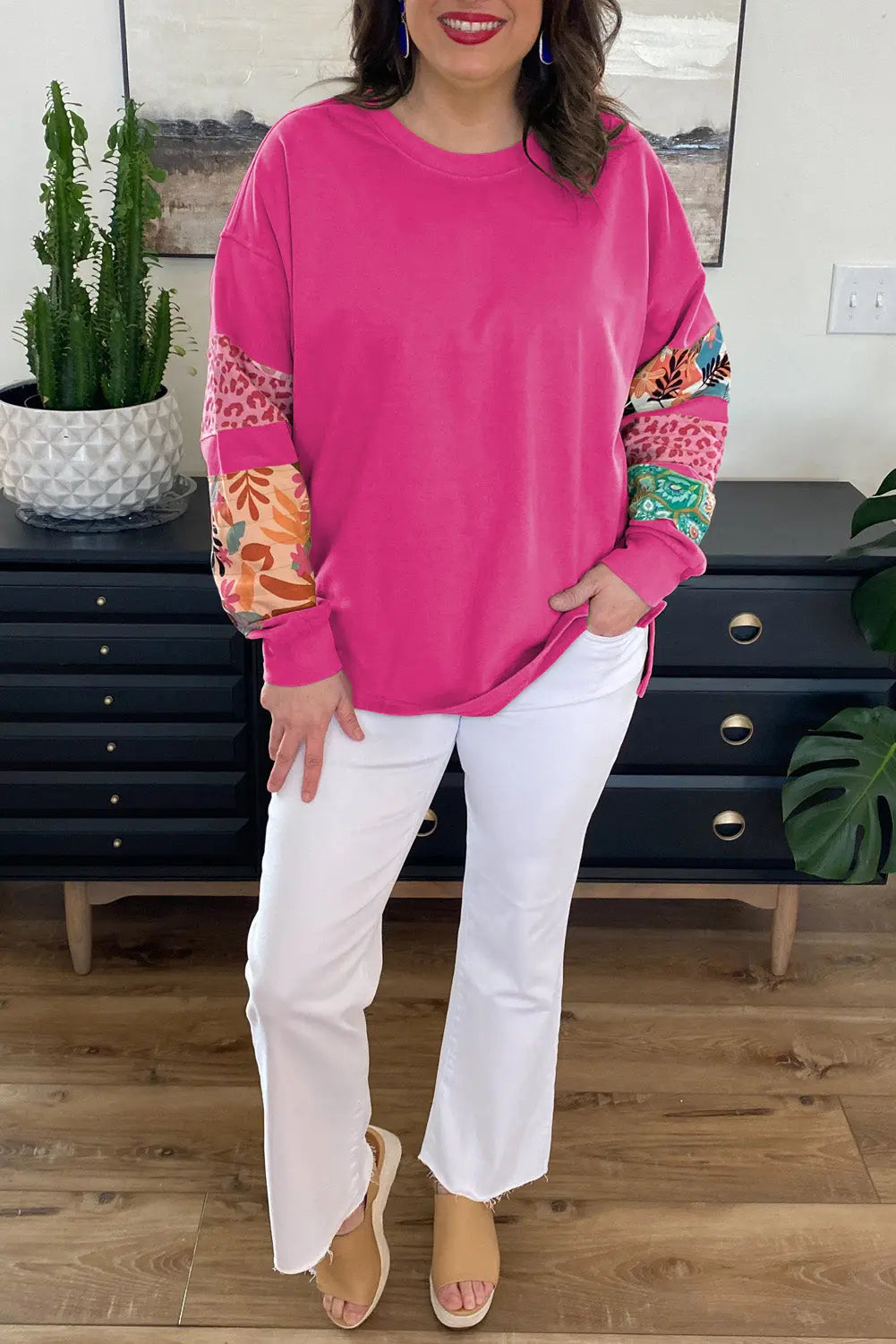 Rose Red Plus Size Printed Patchwork Sleeve Split Sweatshirt Dear-Lover Dropshipping