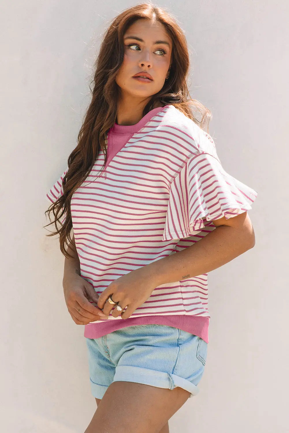 Sachet Pink Contrast Detail Striped Ruffle Short Sleeve Top Dear-Lover Dropshipping