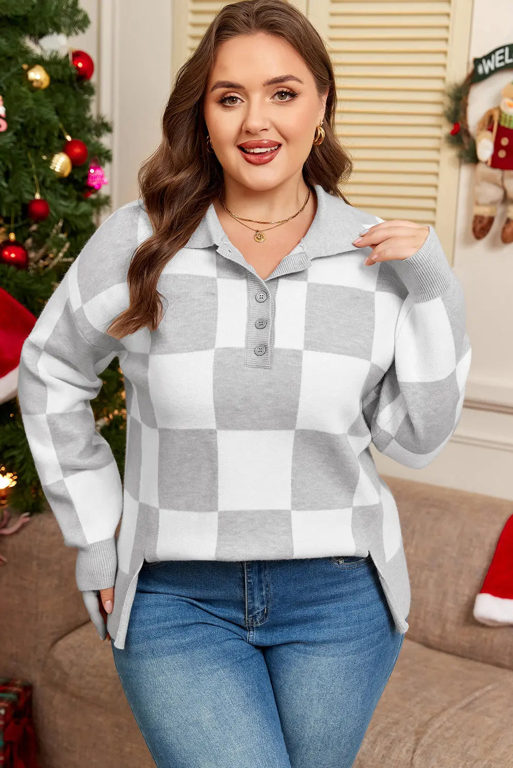 Gray Plus Size Checkered Pattern Button Polo Collar Split Sweater Dear-Lover Dropshipping