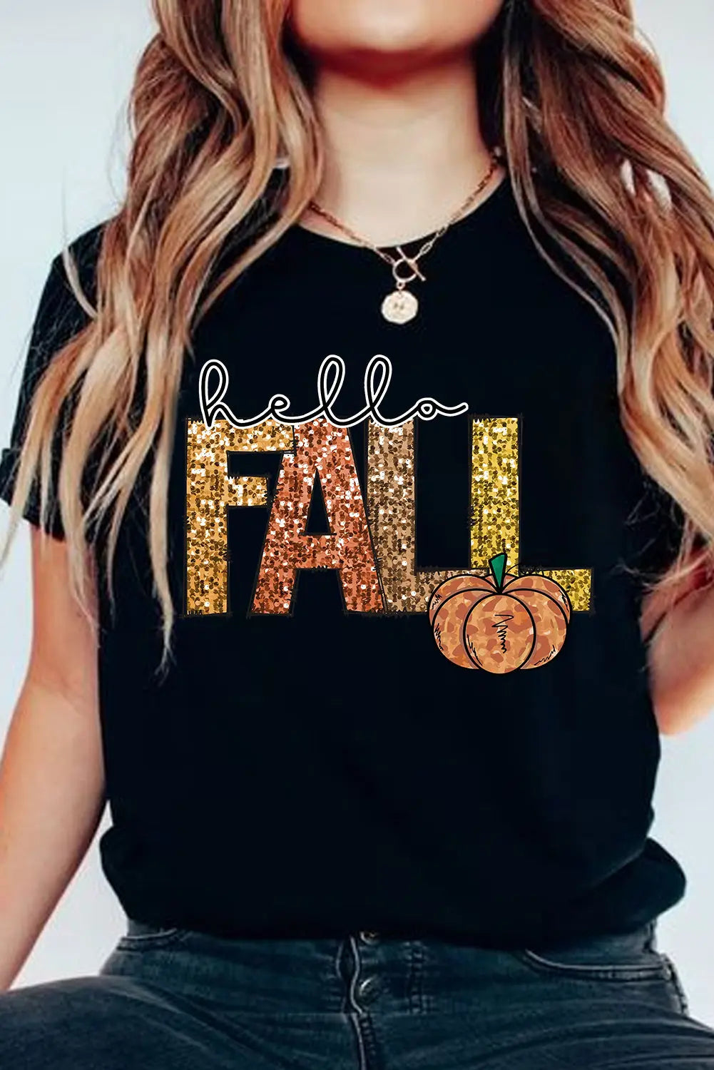 Black Hello Fall Letter Pumpkin Printed Thanksgiving T Shirt Dear-Lover Dropshipping