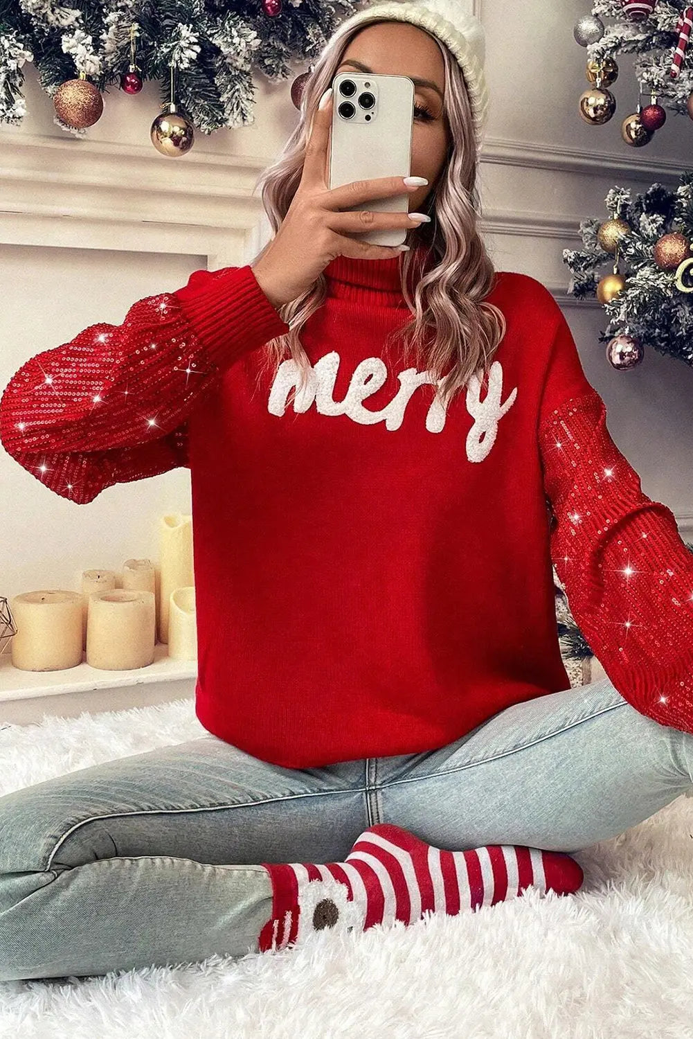 Racing Red Merry Graphic Sequin Sleeves Christmas Turtleneck Sweater Dear-Lover Dropshipping