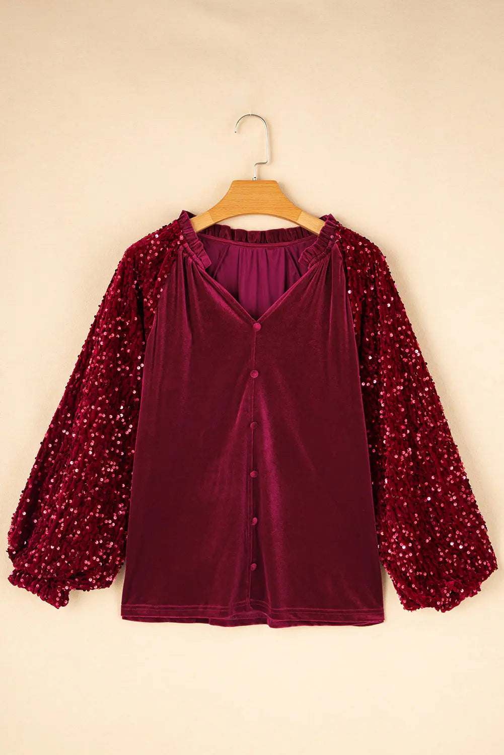 Red Dahlia Sequin Patchwork Sleeve Button Up Velvet Top Dear-Lover Dropshipping