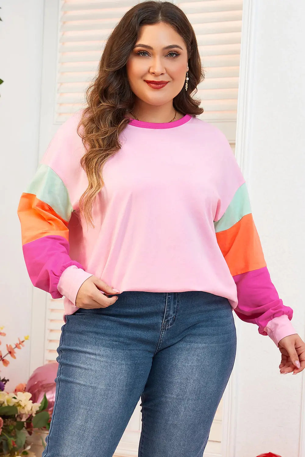 Pink Colorblock Patchwork Long Sleeve Plus Size Top Dear-Lover Dropshipping