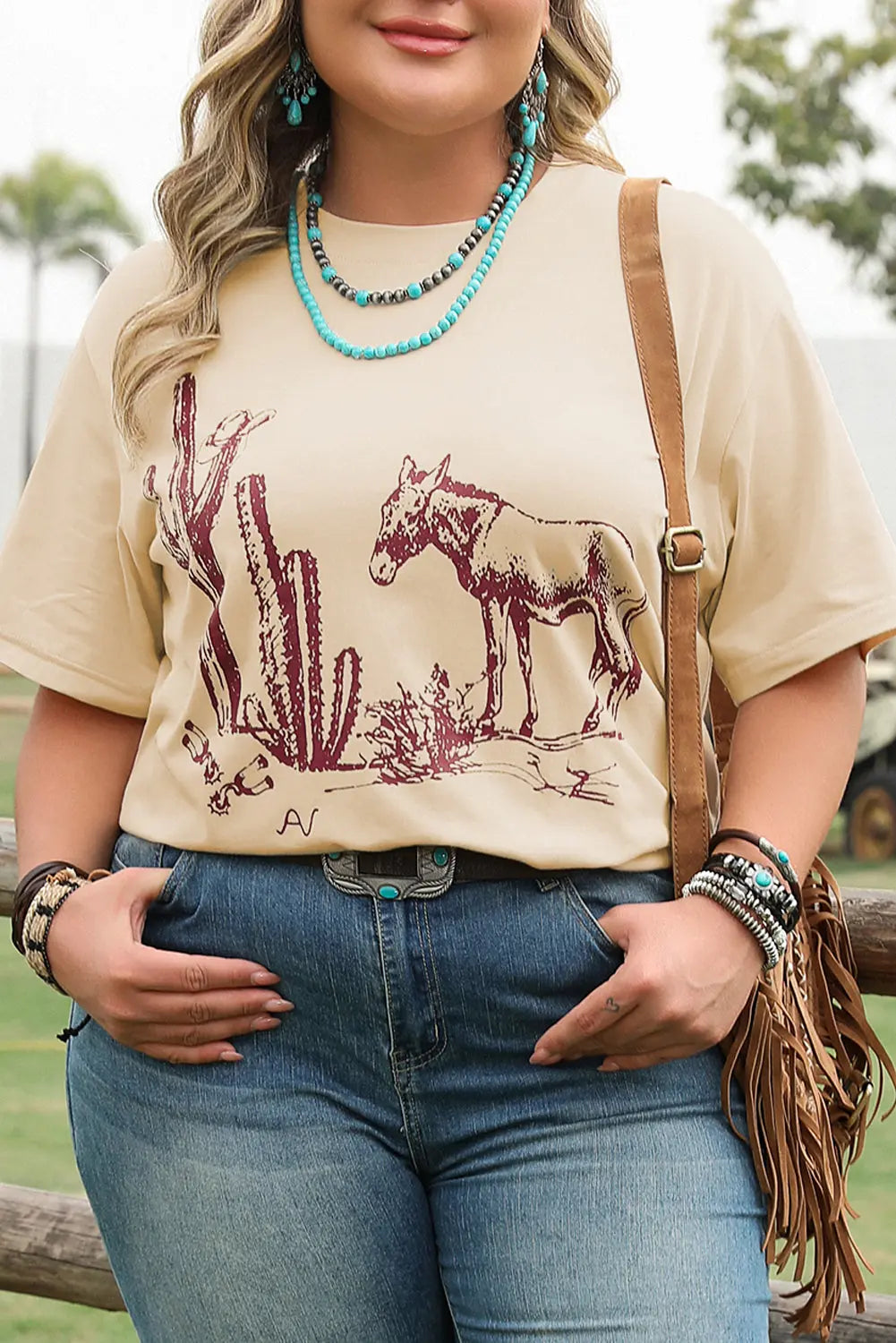 Parchment Western Burro Cactus Crew Neck Graphic Tee Dear-Lover Dropshipping