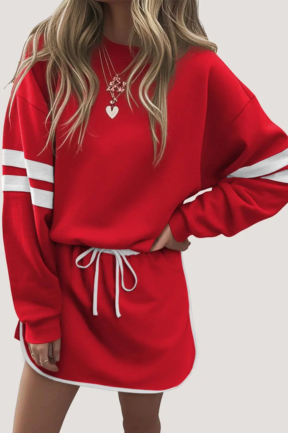 Fiery Red Varsity Stripe Detail Drop Shoulder Pullover Mini Skirt Set Dear-Lover Dropshipping