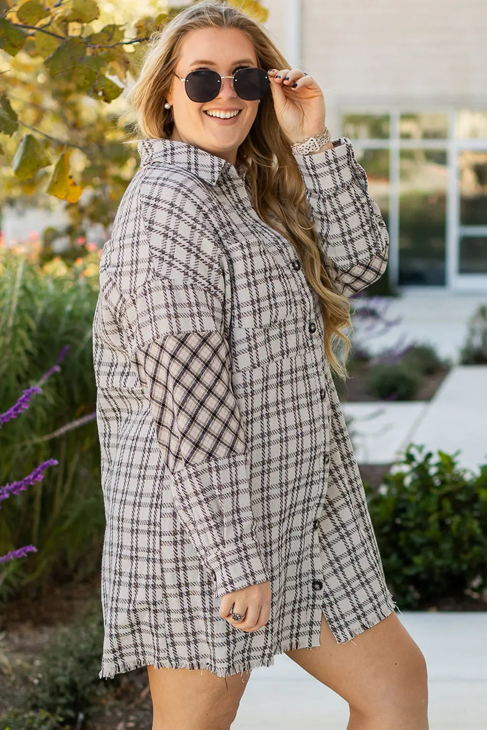White Stripe Plus Size Plaid Buttoned Raw Hem Tunic Shirt Dress Dear-Lover Dropshipping
