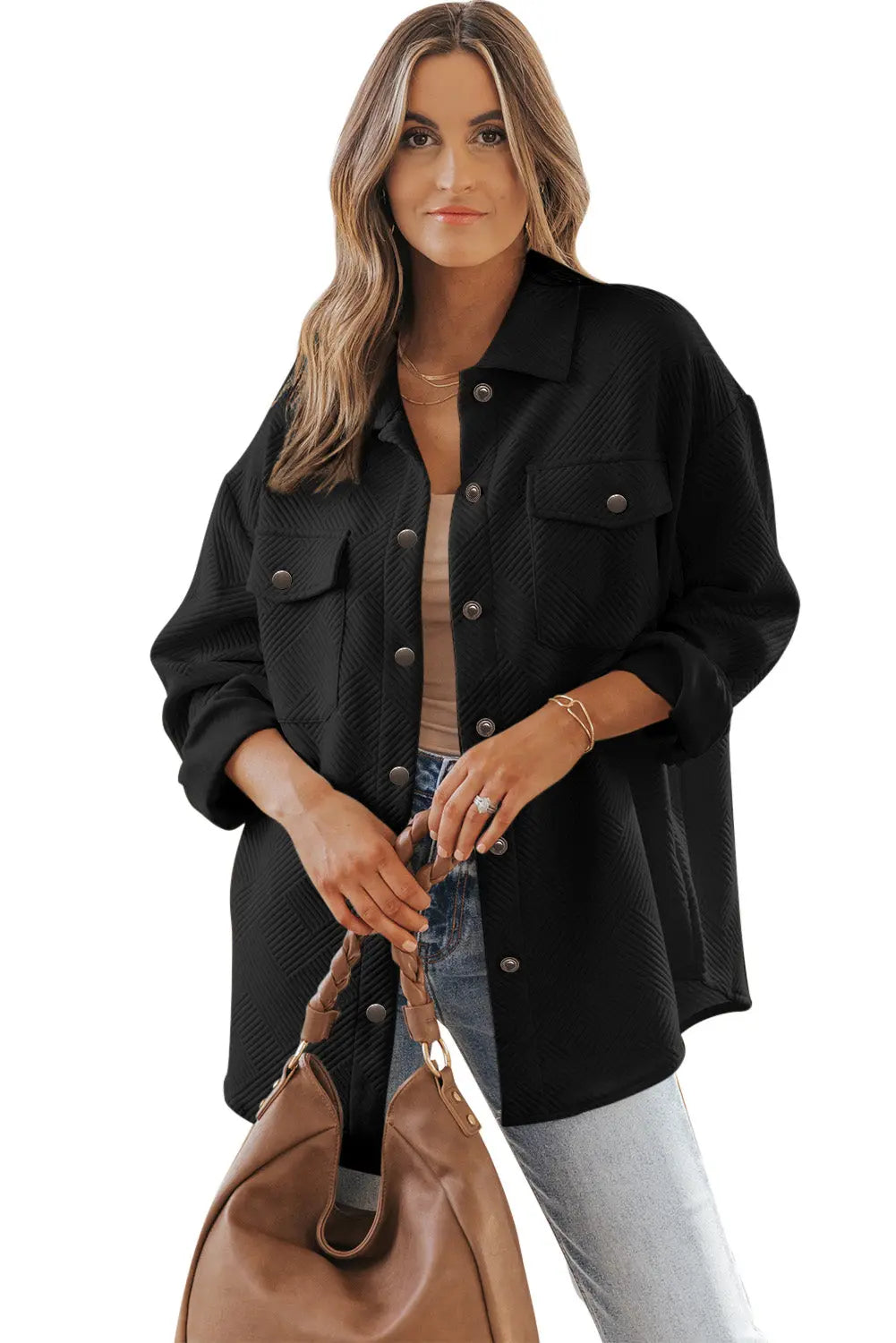 Black Solid Textured Flap Pocket Buttoned Shacket Dear-Lover Dropshipping