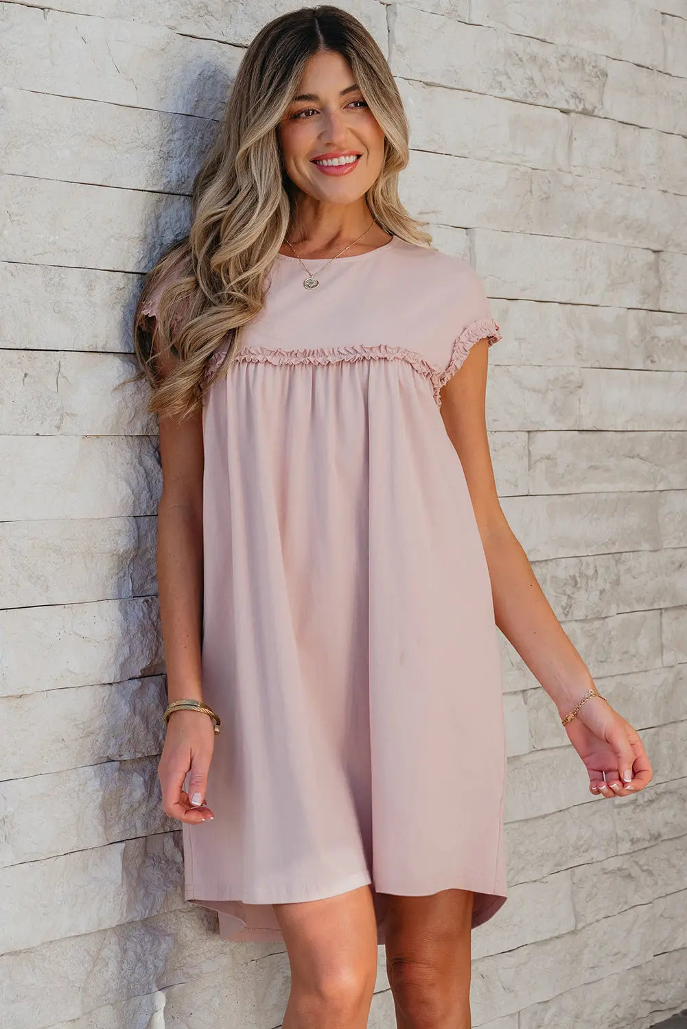 Oatmeal Frilled Trim Crew Neck Loose Fit Mini Dress Dear-Lover Dropshipping