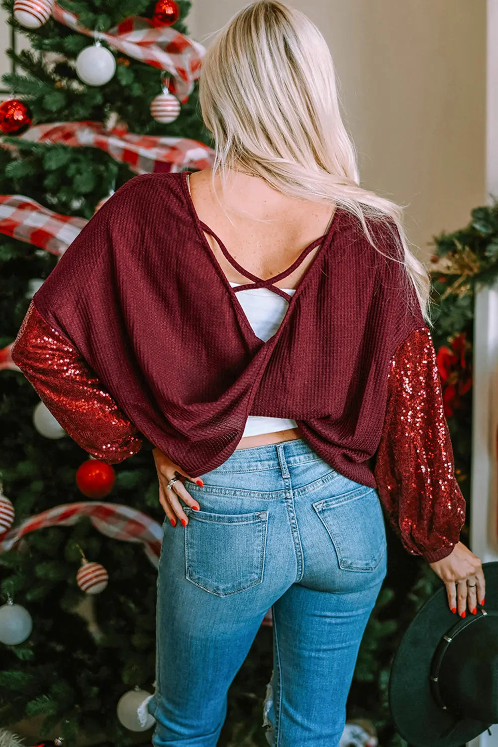 Burgundy Sequin Patchwork Sleeve Open Back Waffle Knit Top Dear-Lover Dropshipping