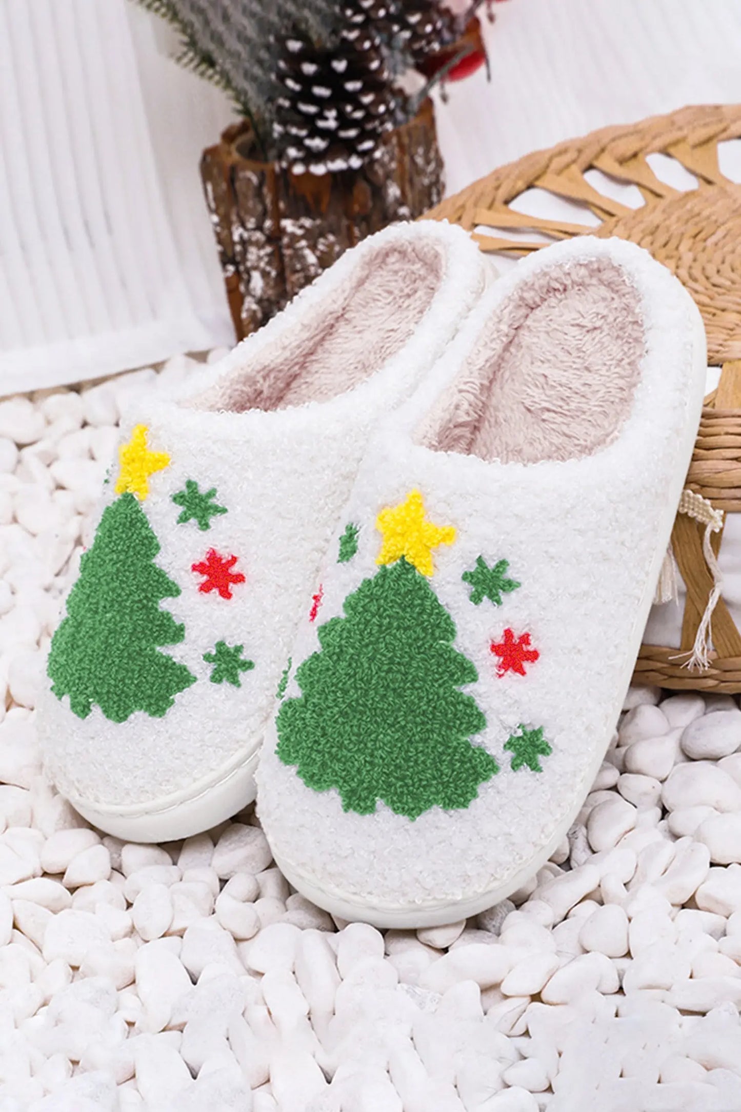 White Fuzzy Christmas Tree Pattern Home Slippers Dear-Lover Dropshipping