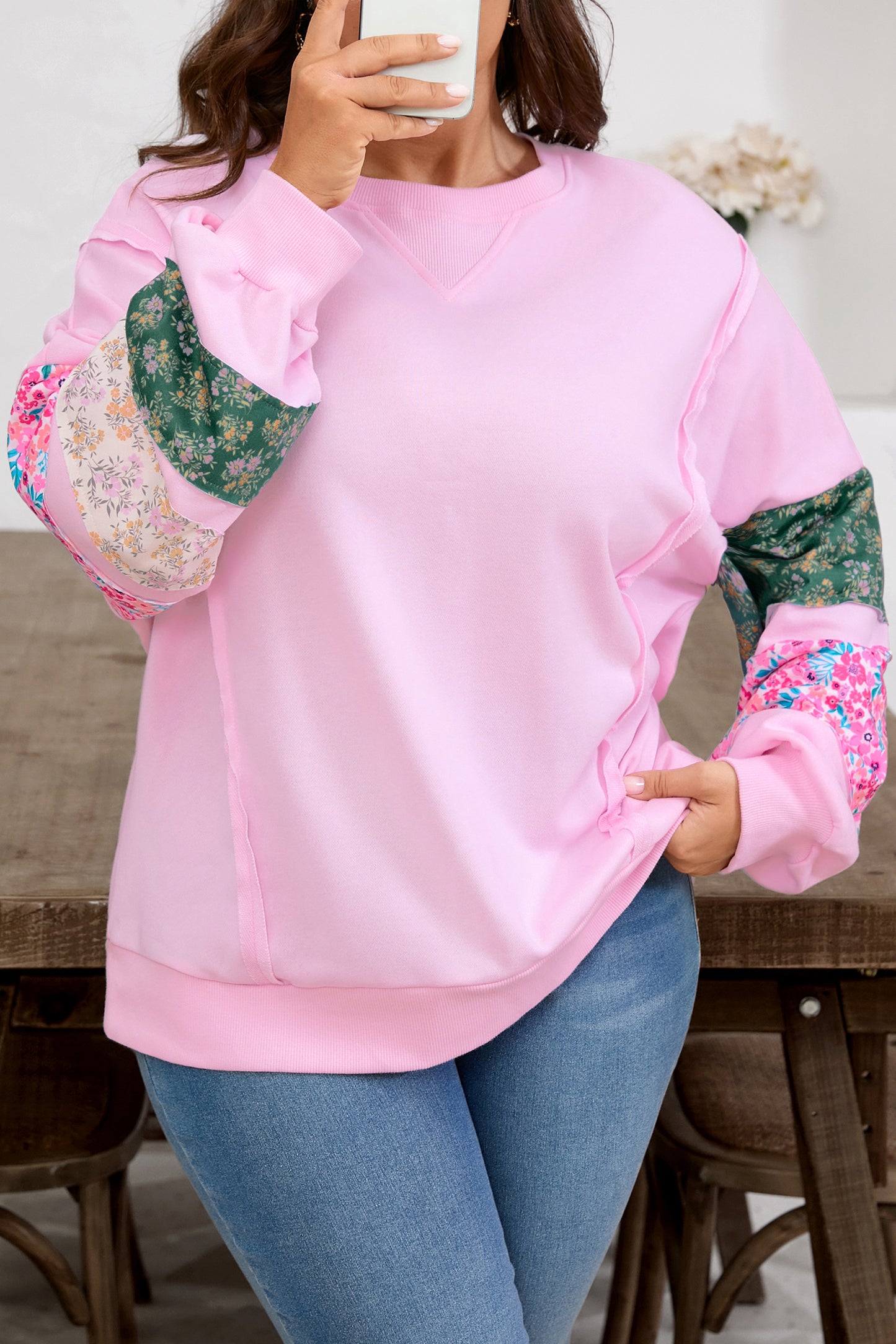 Pink Plus Size Mix Floral Patched Sleeve Ribbed Trim Baggy Sweatshirt