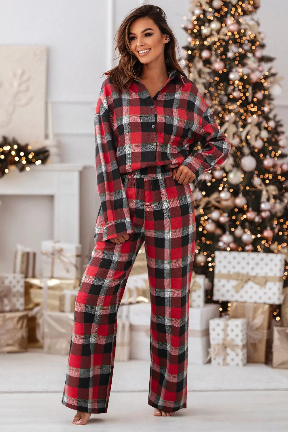 Red Christmas Checkered Pattern Loose Shirt and Pants Lounge Set Dear-Lover Dropshipping