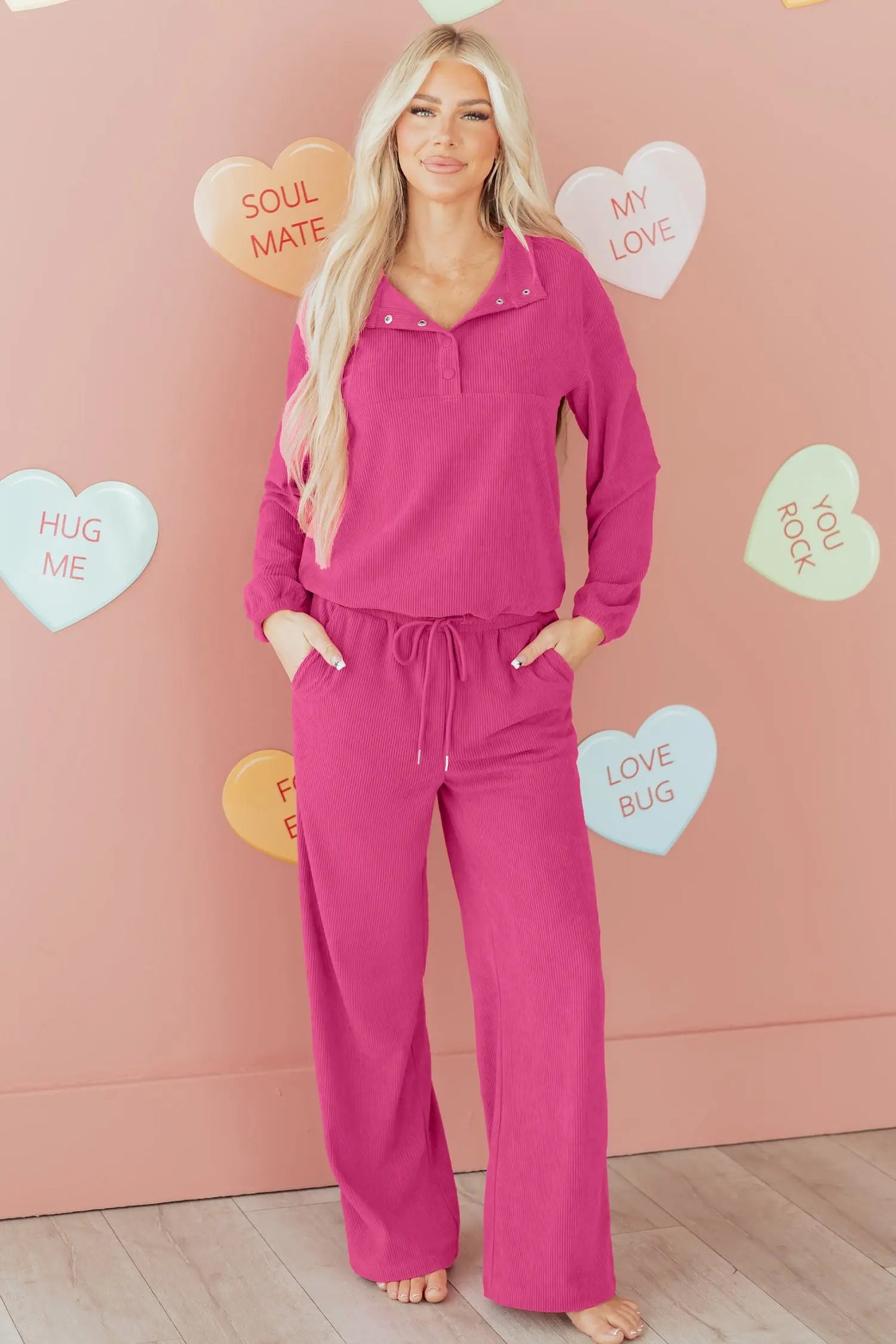 Peach Blossom Half Button Pullover Drawstring Pants Solid Color Corduroy 2pcs Outfit