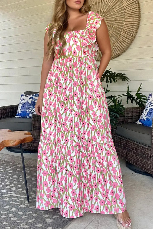 Pink Plus Size Ruffle Trim Square Neck High Waist Floral Maxi Dress Dear-Lover Dropshipping