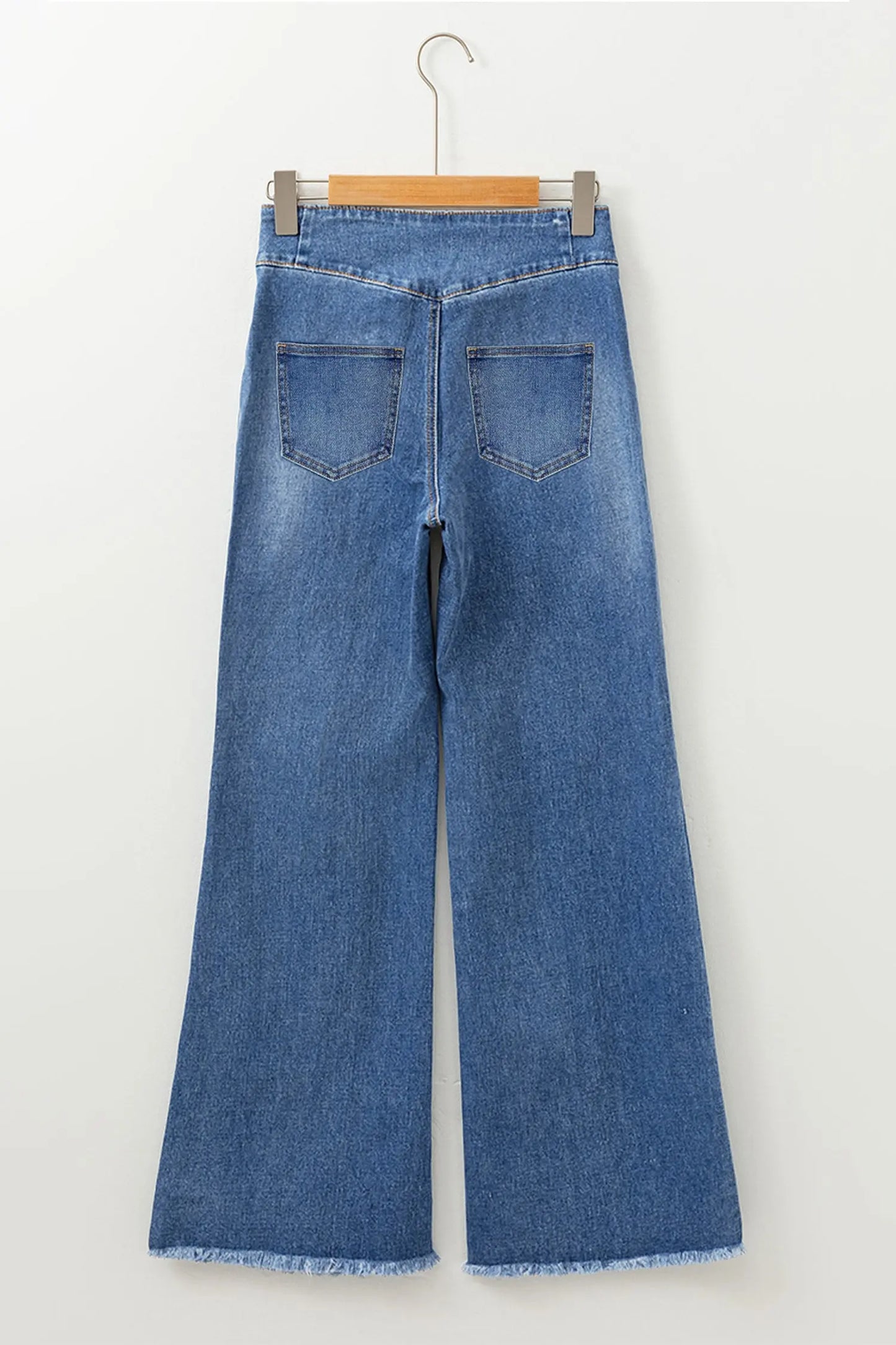 Sail Blue High Waist Button Fly Seamed Raw Hem Flare Jeans