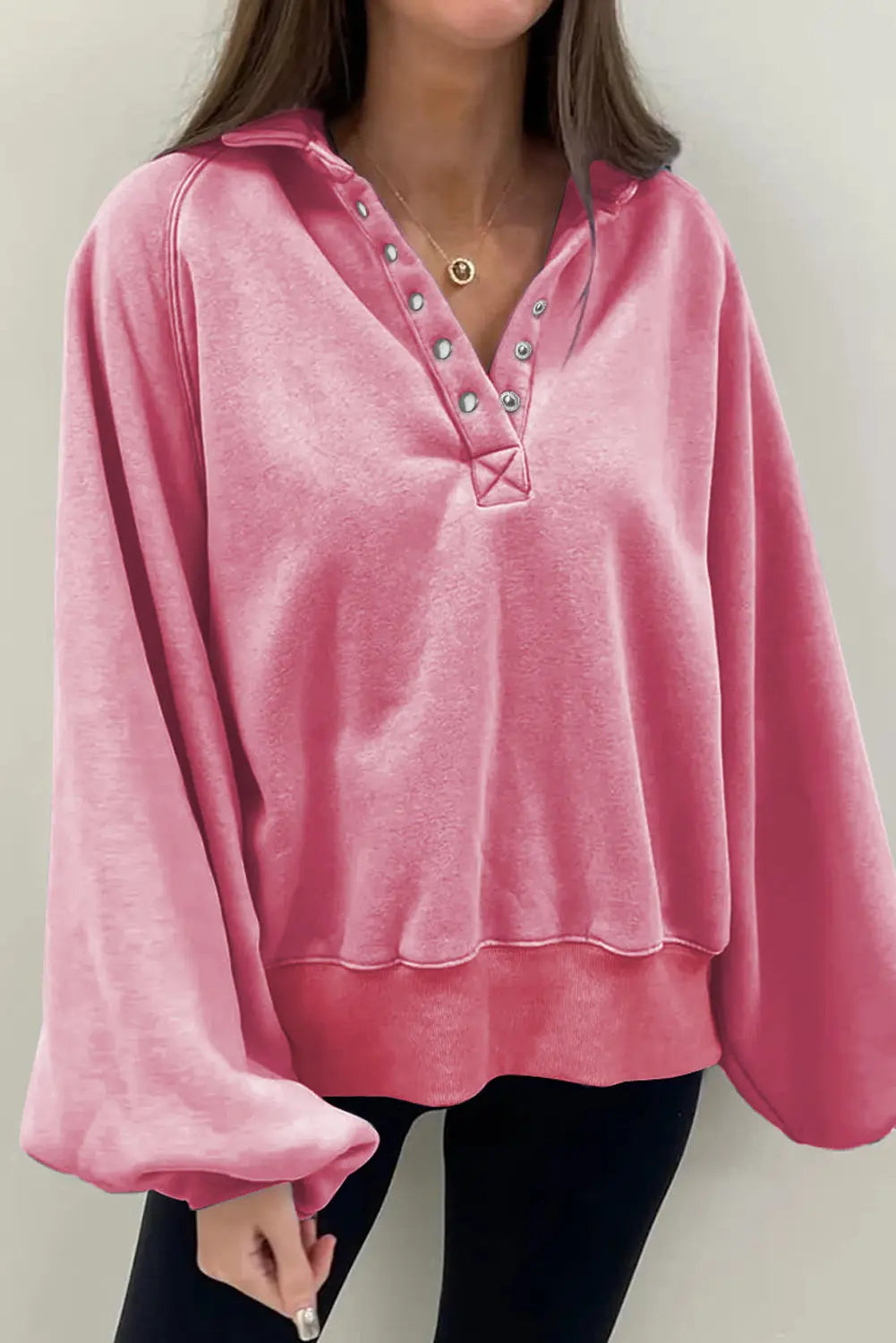 Pink Solid Snap Buttons Collared Balloon Sleeve Oversized Sweatshirt Dear-Lover Dropshipping