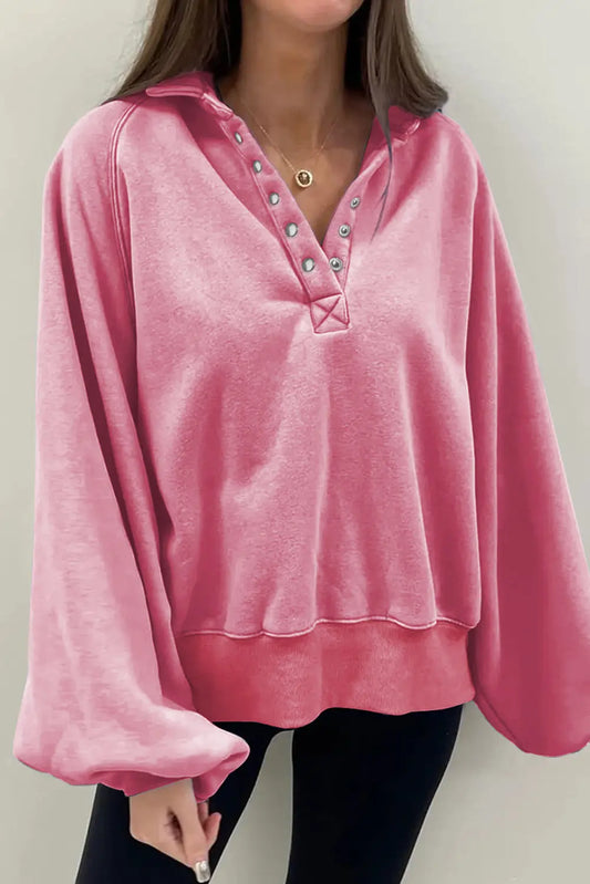Pink Solid Snap Buttons Collared Balloon Sleeve Oversized Sweatshirt Dear-Lover Dropshipping