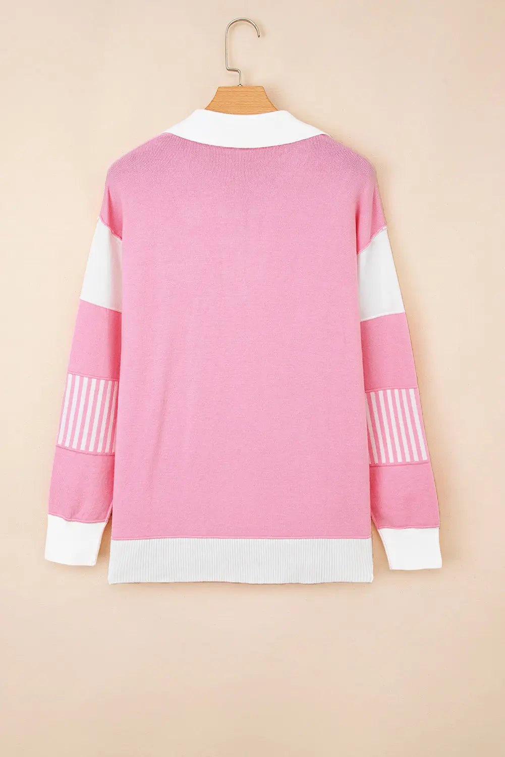 Pink Contrasting Polo Collar Color Block Knit Drop Shoulder Sweater Dear-Lover Dropshipping