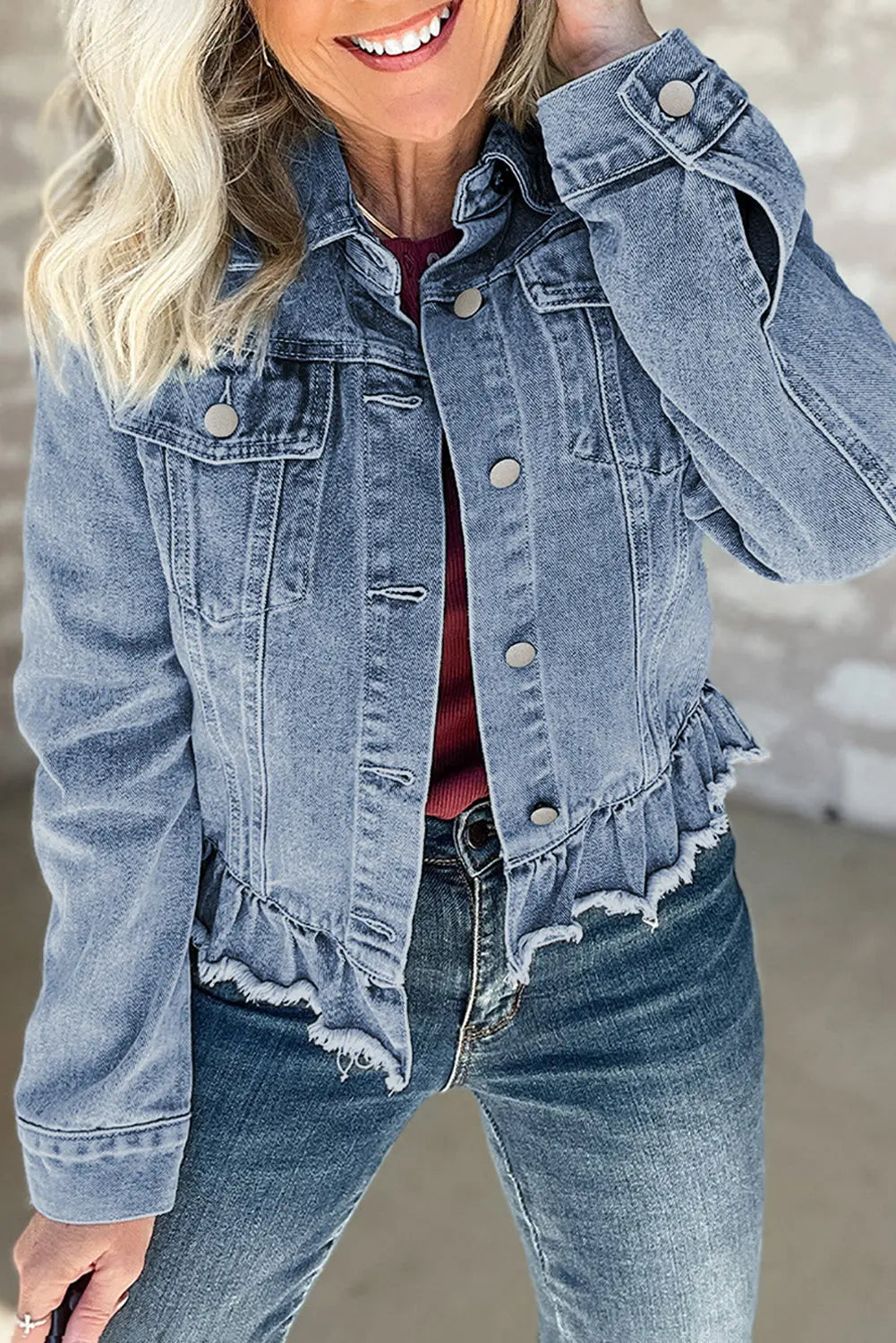 Beau Blue Ruffle Raw Hem Flap Pockets Denim Jacket Dear-Lover Dropshipping