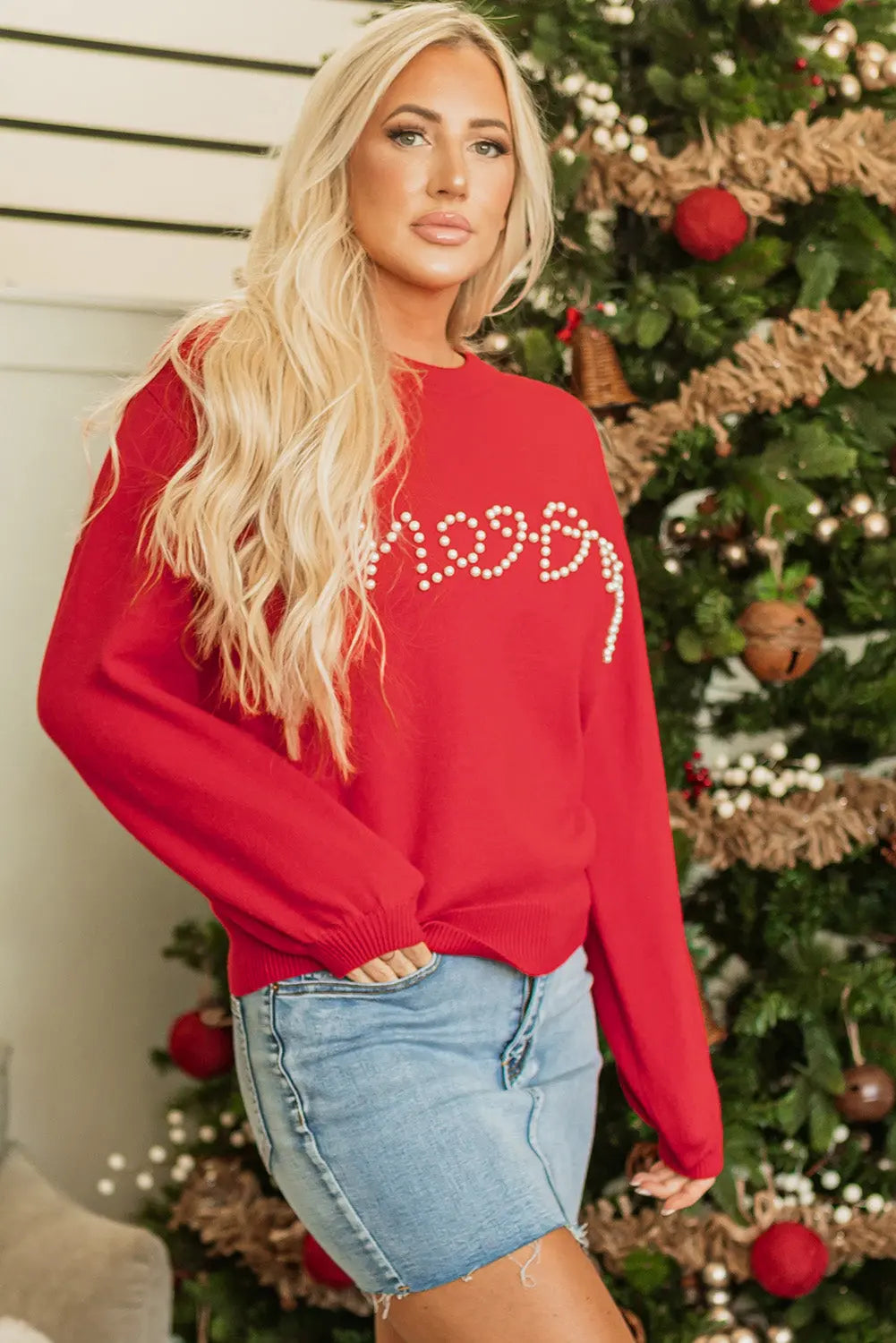 Fiery Red Pearl Beaded Merry Casual Sweater Dear-Lover Dropshipping