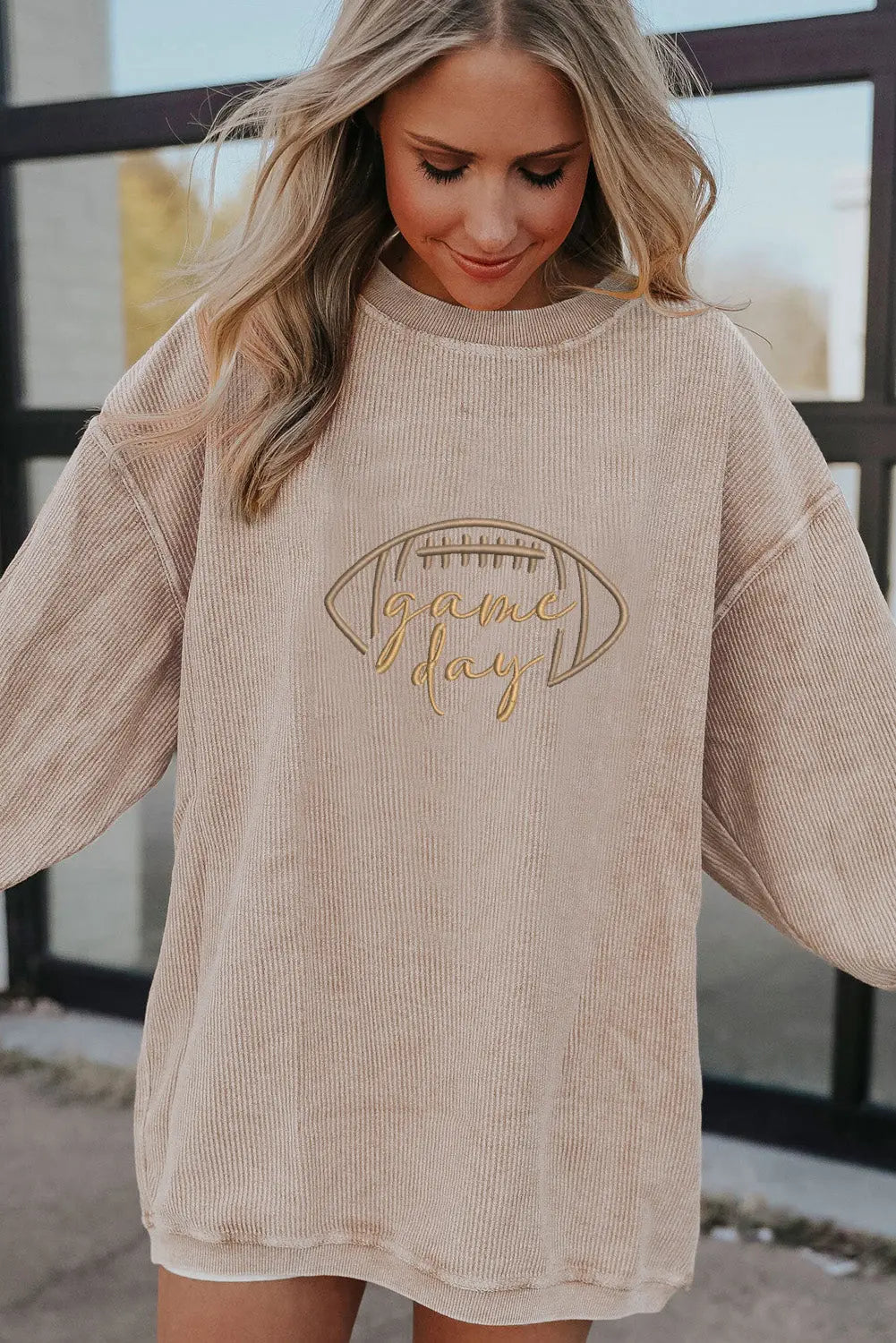 Apricot Rugby Game Day Embroidered Corduroy Sweatshirt Dear-Lover Dropshipping
