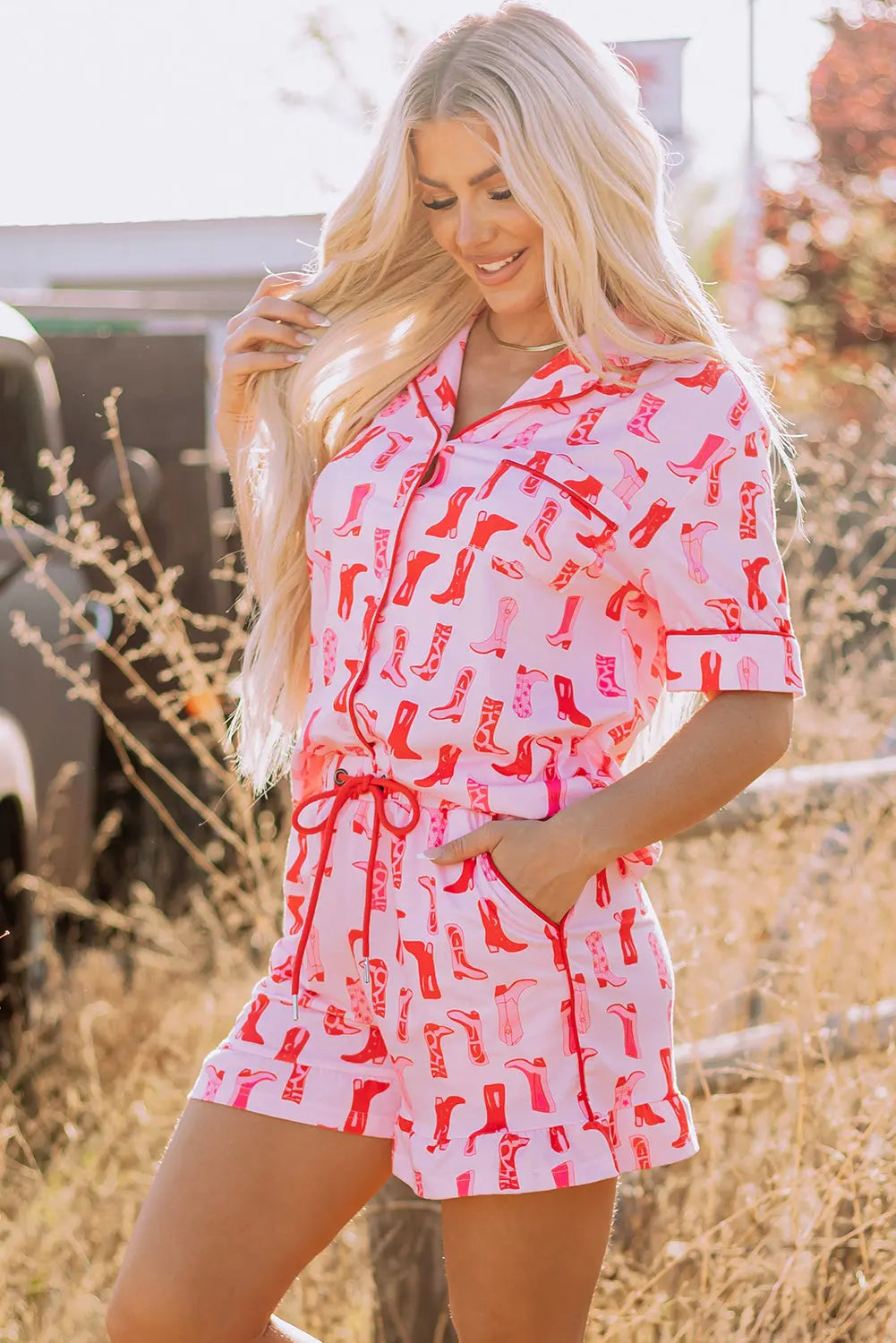 Pink Western Cowgirl Boots Printed Shirt Ruffled Shorts Pajama Set Dear-Lover Dropshipping