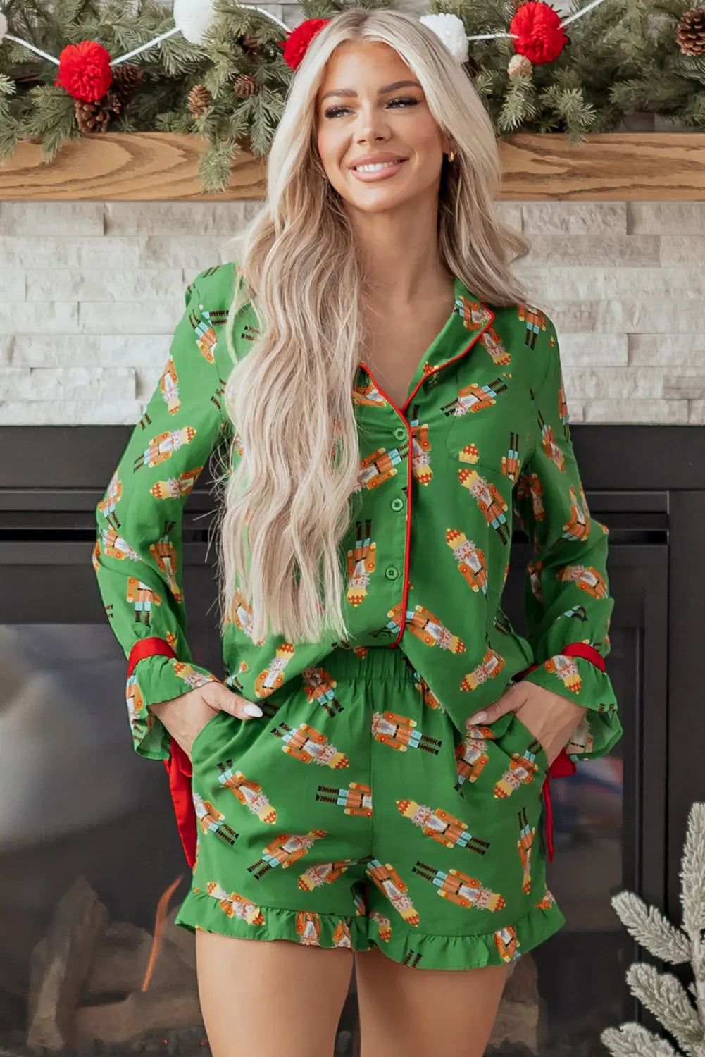 Green Christmas Candy Contrast Trim Bow Knot Silky 2pcs Pajama Set Dear-Lover Dropshipping