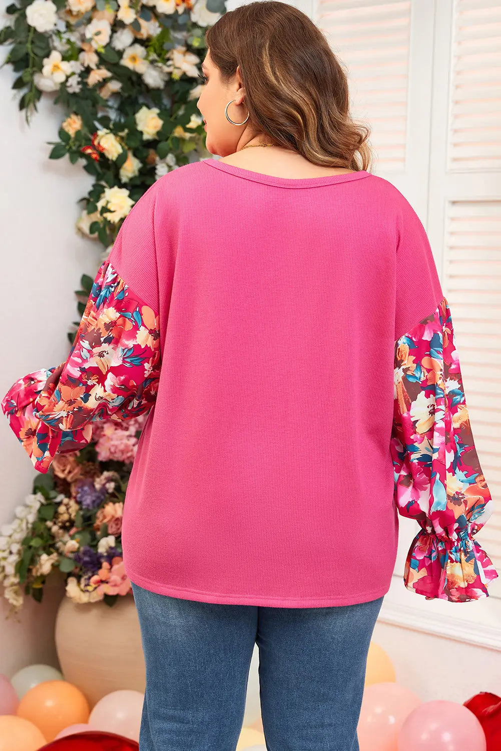 Bright Pink Floral Patchwork Flounce Sleeve Rib Knit Plus Top Dear-Lover Dropshipping