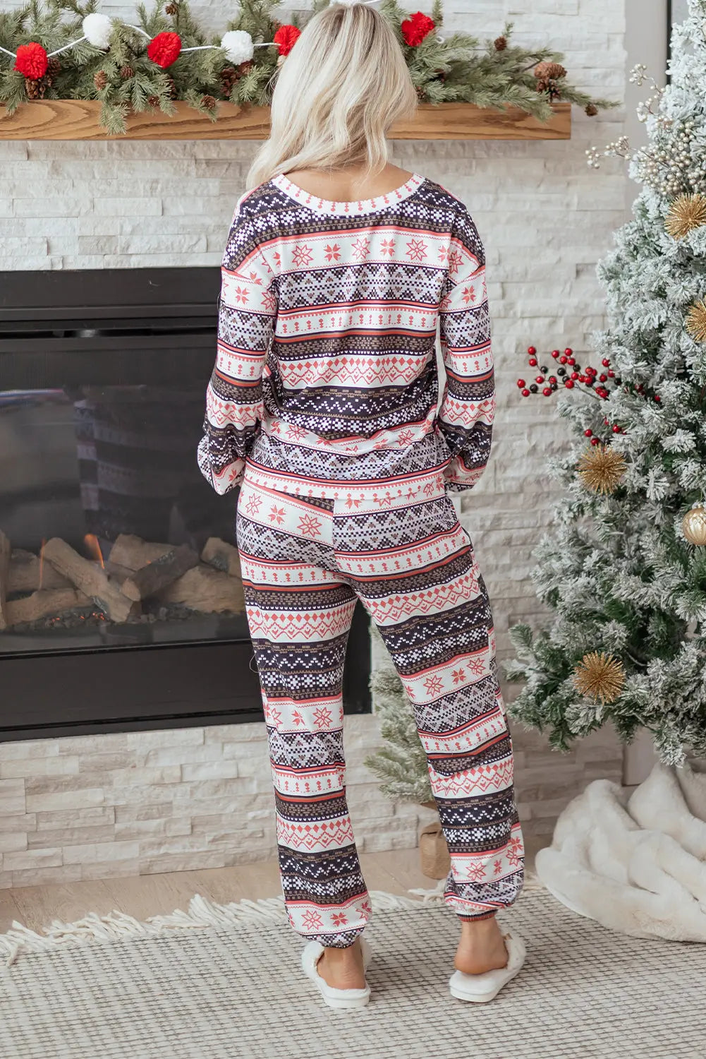 Black Retro Christmas Pattern Loose Pullover 2pcs Lounge Pant Set Dear-Lover Dropshipping
