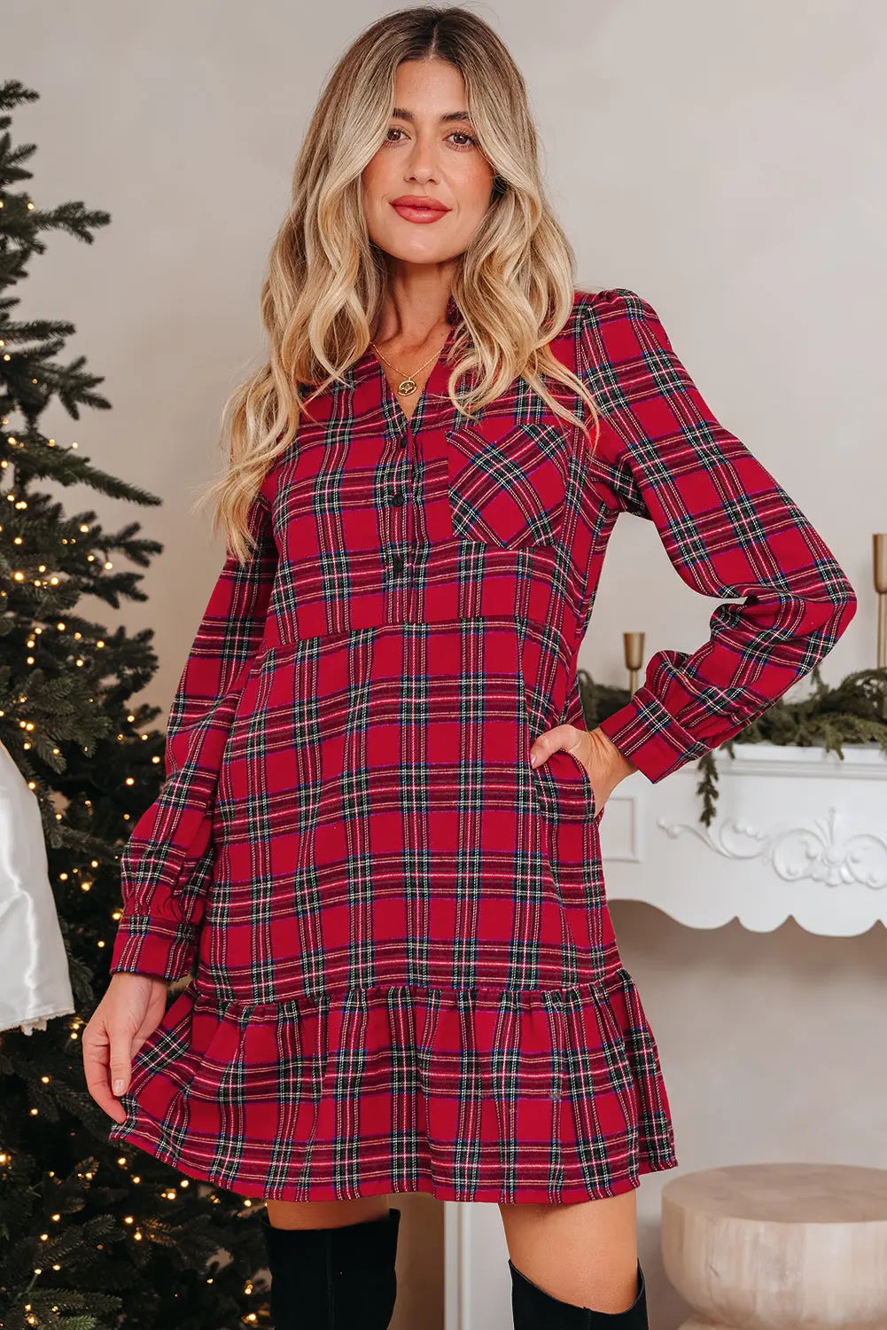 Red Plaid Shirt Collar Half Button Ruffle Hem Long Sleeve Mini Dress Dear-Lover Dropshipping