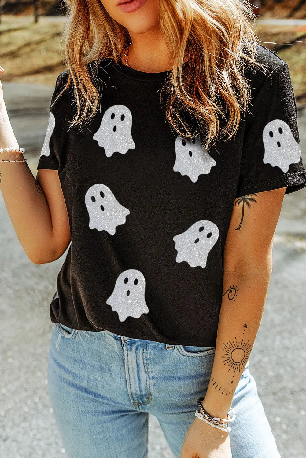 Black Glitter Ghost Pattern Crew Neck Halloween T Shirt Dear-Lover Dropshipping